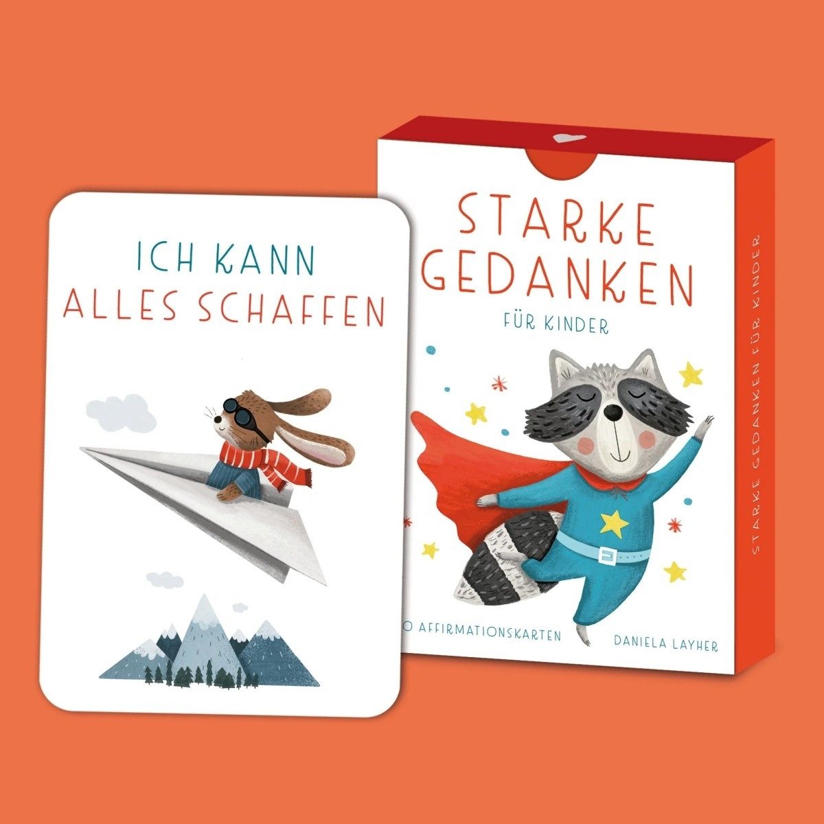 Rüsselfuchs Spiel Starke Gedanken Affirmationskarten für Kinder mit Tiermotiven, Starke Gedanken – Affirmationskarten für Kinder, handgezeichnete Karten, kindgerechte Impulse, Faltschachtel