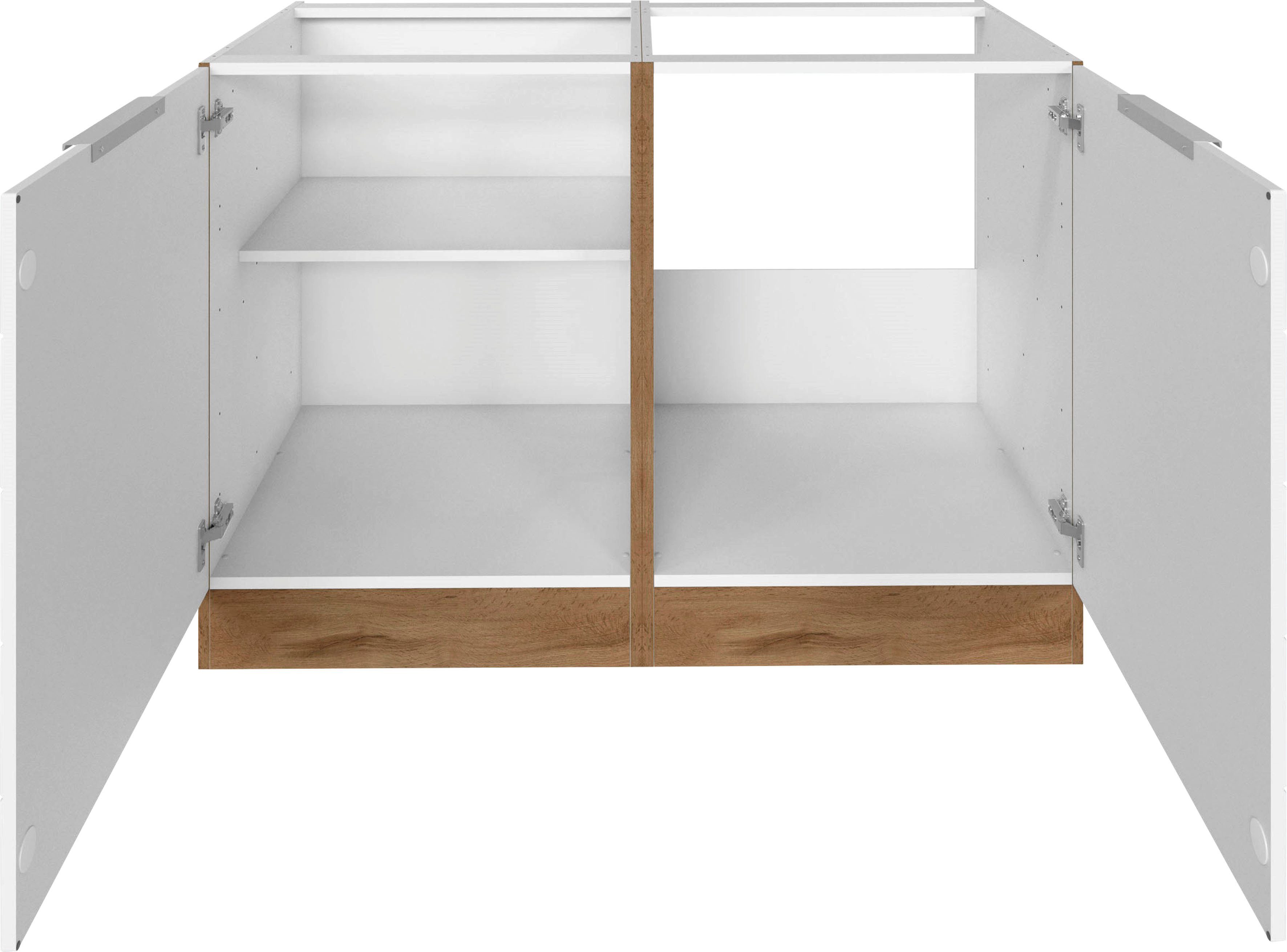 HELD MÖBEL Spülenschrank Luhe 120 cm hochwertige Matt/wotaneiche MDF-Fronten Lisene | weiß mit waagerechter wotaneiche breit