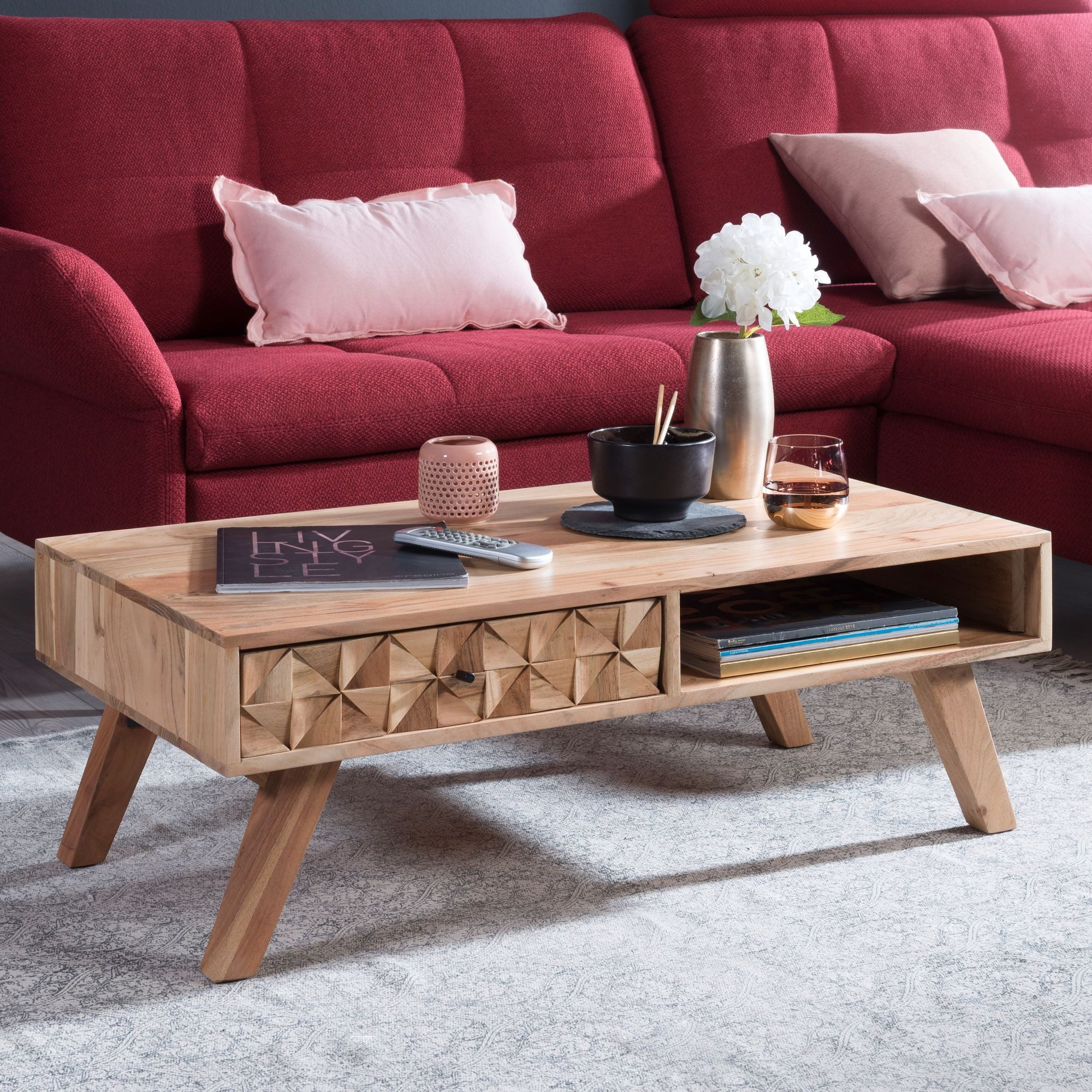 FINEBUY Couchtisch Couchtisch Akazie Massivholz 95cm Wohnzimmertisch Schubl günstig online kaufen