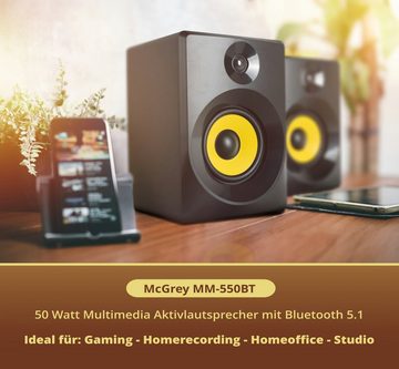 McGrey MM-550BT Multimedia Studio Monitor Paar Lautsprecher (Bluetooth 5.1, 50 W, 2.0 Regallautsprecher mit Tonregler für Höhen und Tiefen)