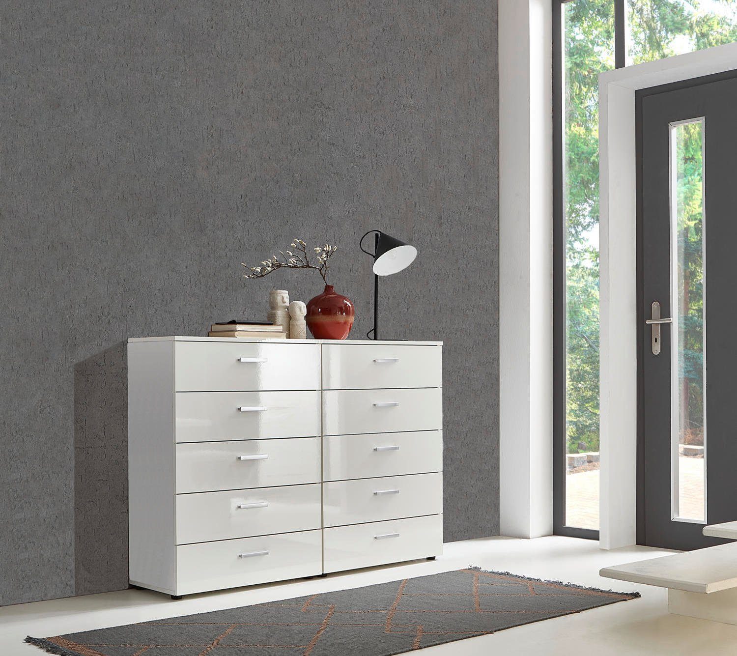 moebel-dich-auf Schubkastenkommode MALAGA Kommoden-Set 9 (Schubladenkommode Kommode Sideboard, 2x Schubkastenkommode), Fronten und Oberboden in weiß Hochglanz, Made in Germany