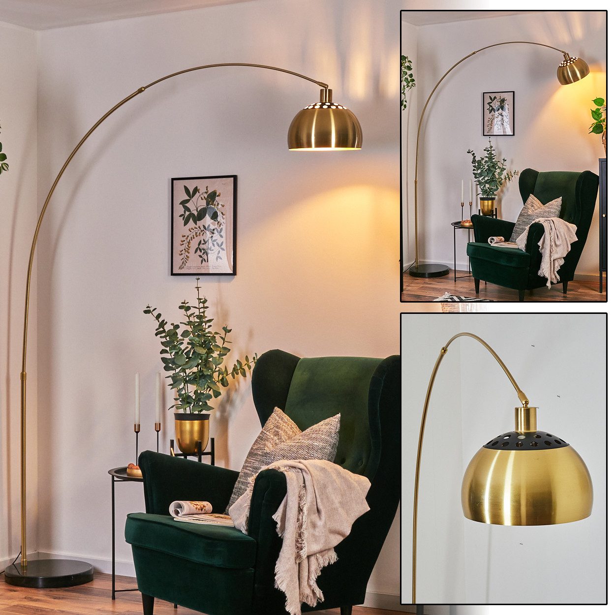 hofstein Bogenlampe Stehlampe aus Metall m. Marmorfuß in Schwarz/Gold/Messing gebürstet, ohne Leuchtmittel, verstellbar, im Retro/Vintage-Design, Fußschalter, Lichteffekt, E27