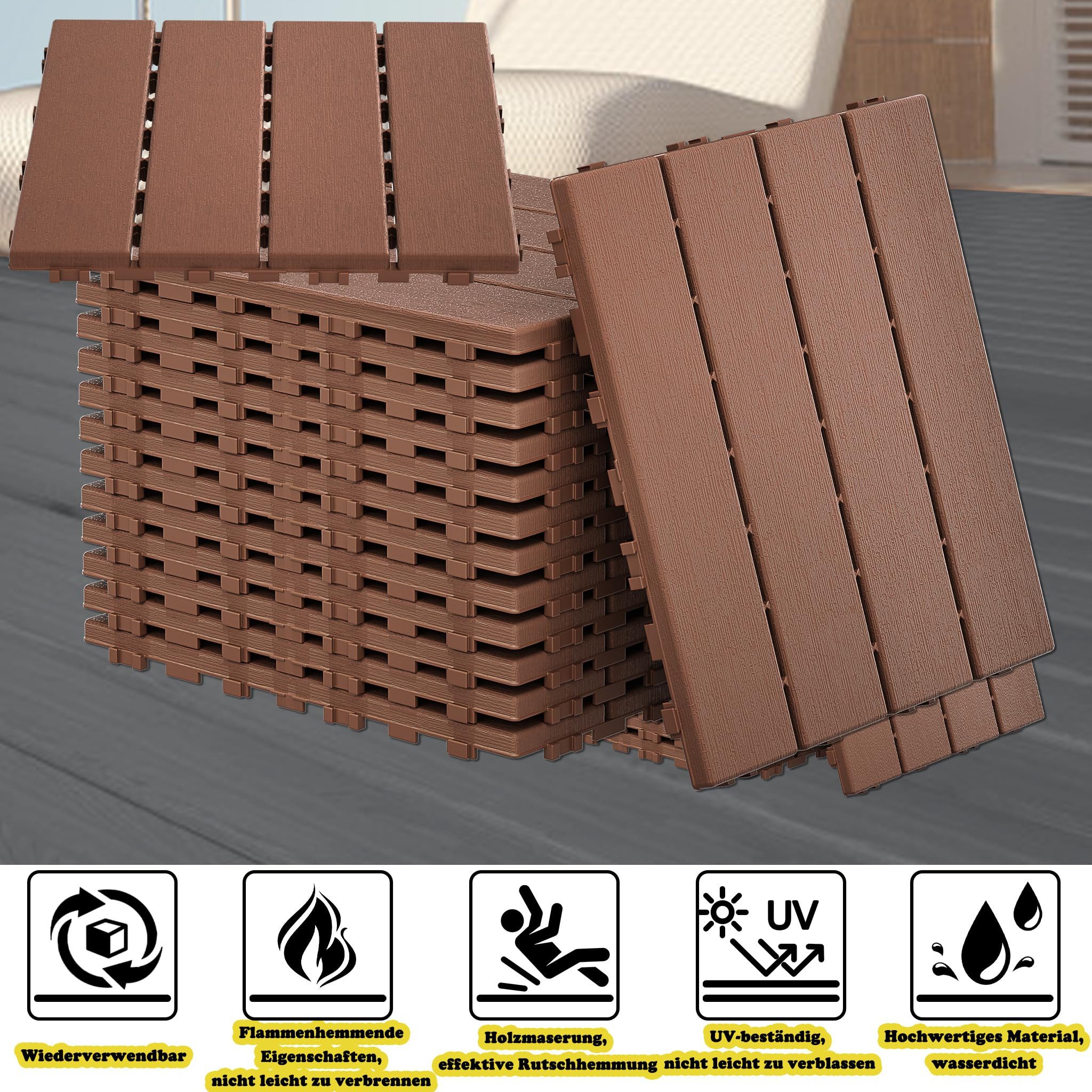 FIVMEN Terrassendielen 30x30cm Fliesen Balkonfliesen Terrassenfliesen in Holzoptik, Braun, (11-St), für Terrassen, Gärten, Schwimmbäder