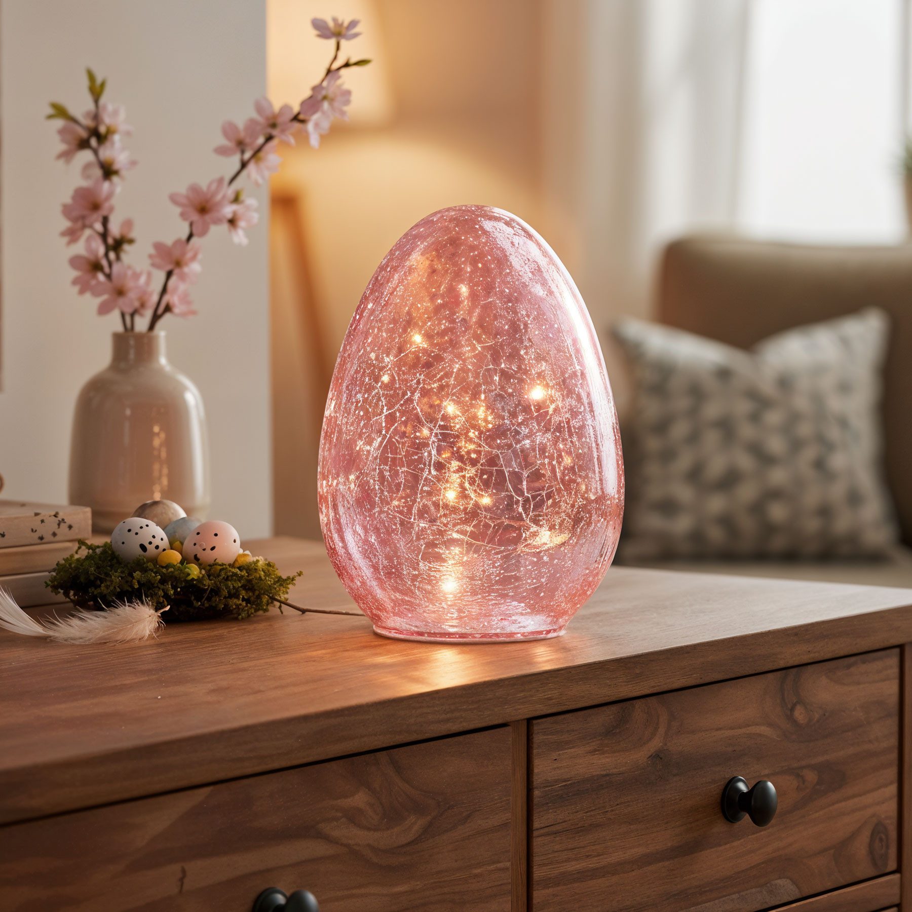 Levandeo® LED Dekolicht, LED Osterei H16cm Rosa Glas Dekolampe Timer Osterd günstig online kaufen