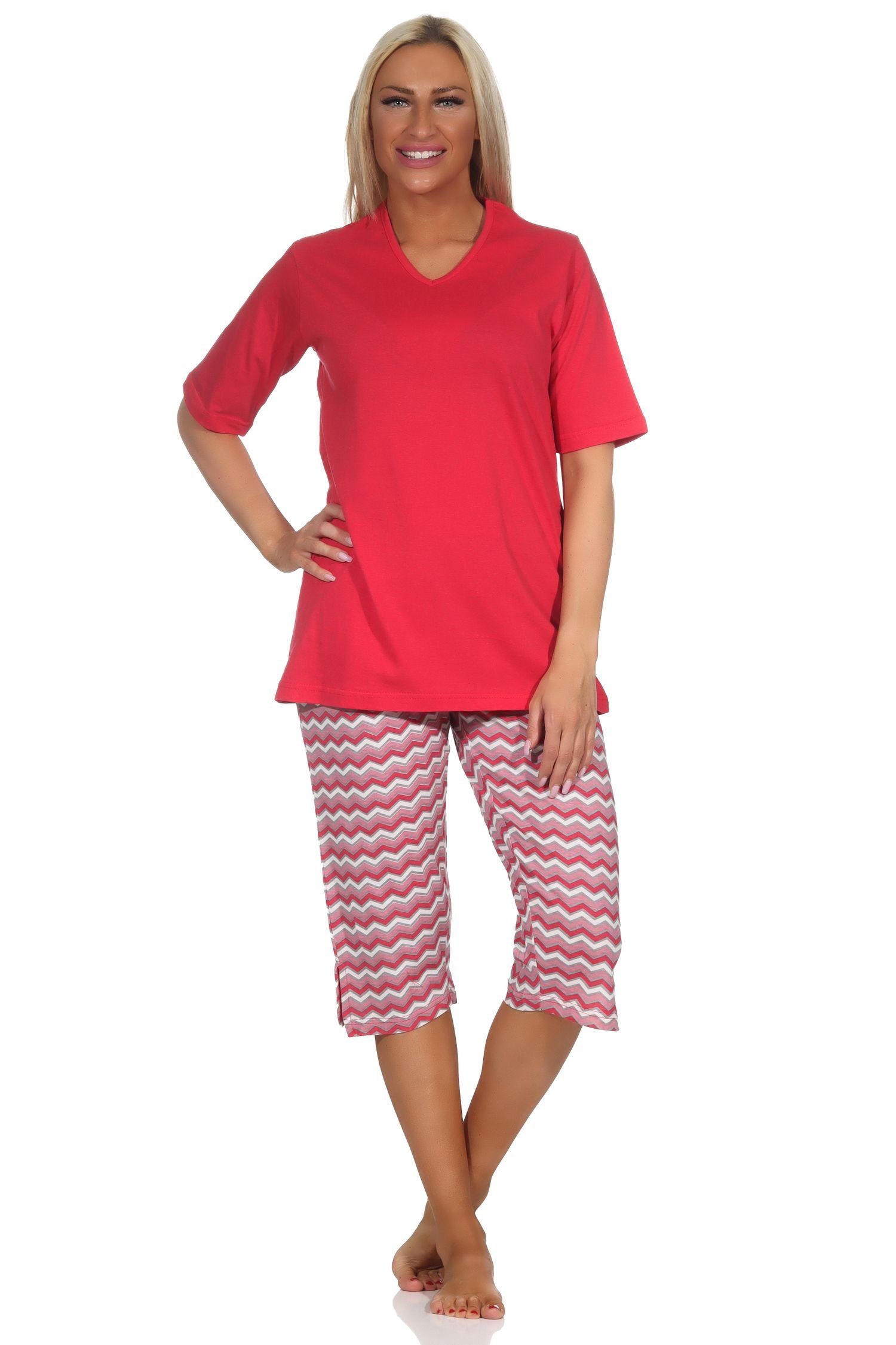 Normann Pyjama Damen Capri rot Schlafanzug Pyjama 3/4 Capri Ethno-Style mit Shorts, im