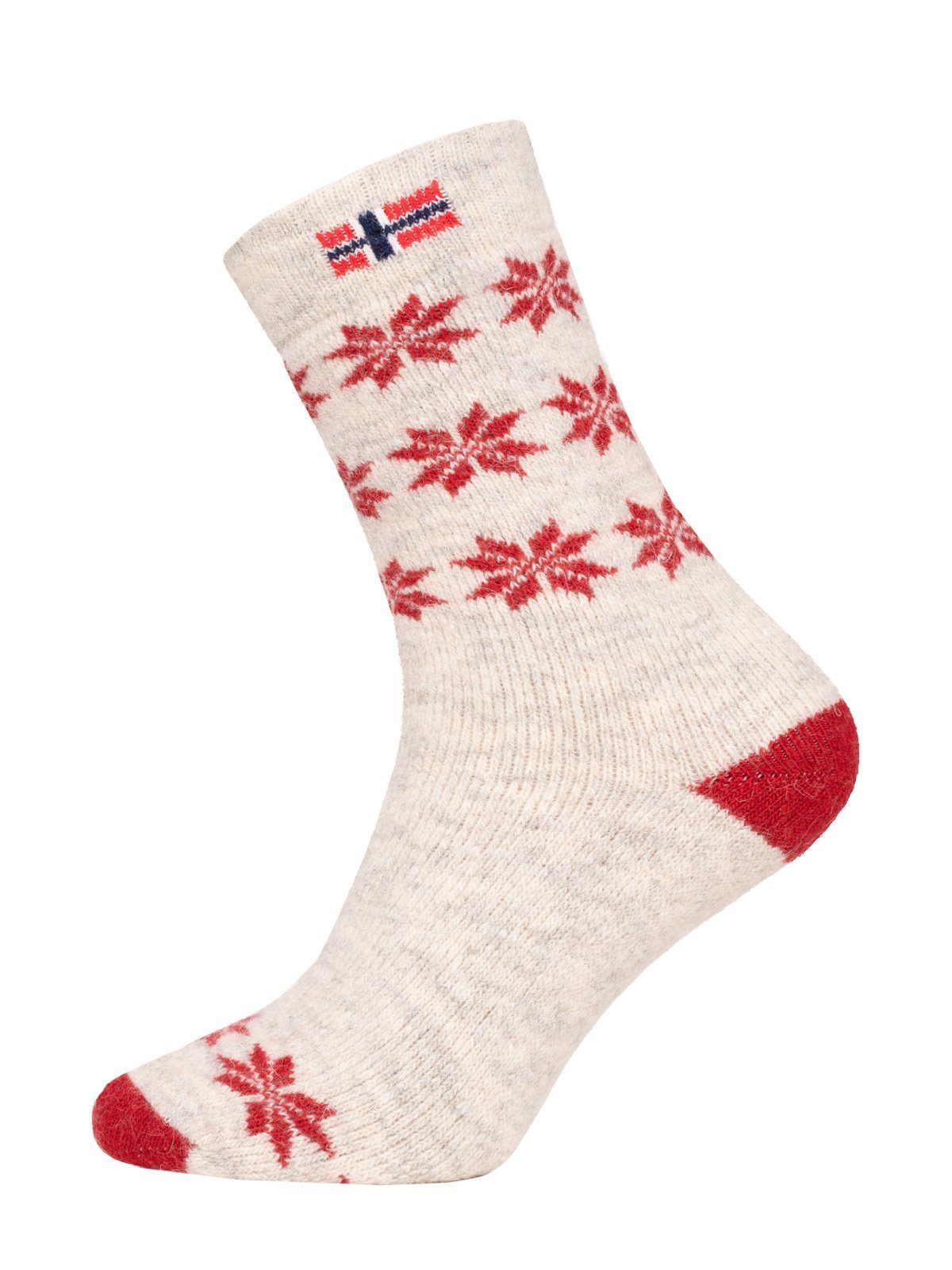 HomeOfSocks Socken Skandinavische Wollsocke "Snowflake Norwegen" Nordic Kuschelsocken Dicke Socken Hyggelig Warm Hoher 80% Wollanteil Norwegischem Design Rot