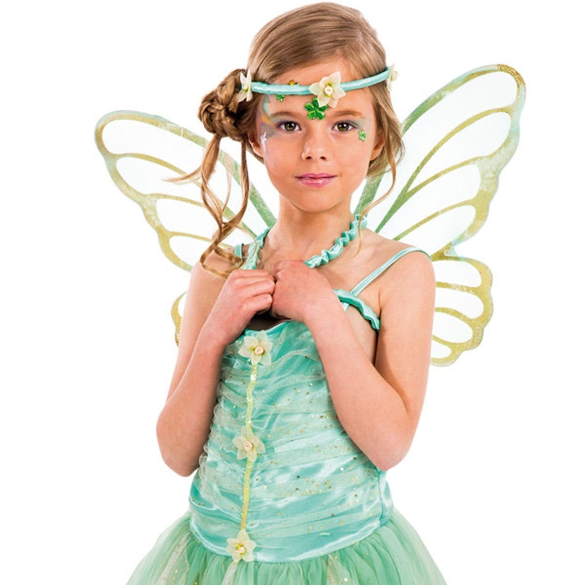 CHAKS Feen-Kostüm Elvina Kleid, Flügel und Stirnband für Kinder Grün Elfe