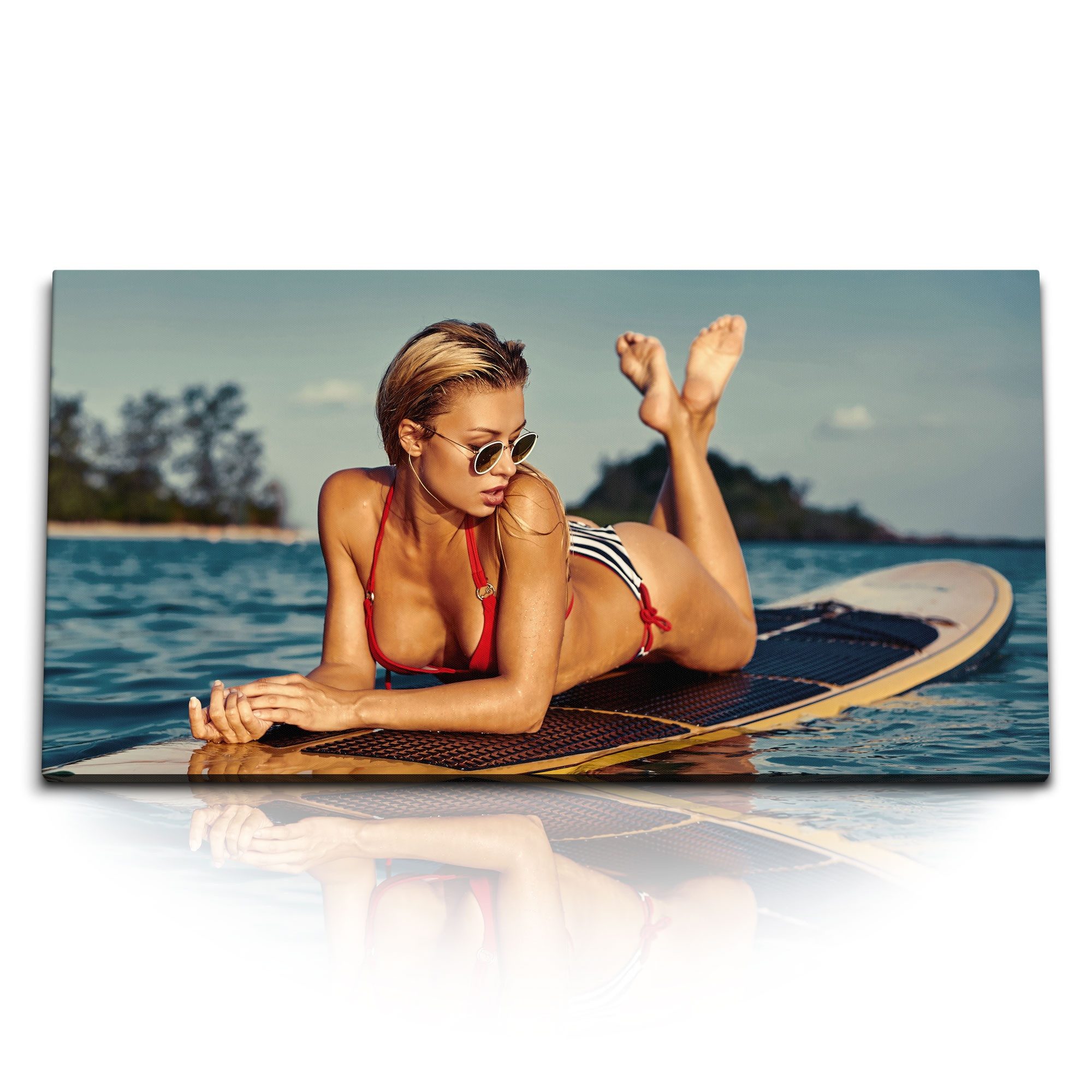 Leinwandbild Kunstdruck Bilder 120x60cm Schöne Frau auf Surfbrett Sexy Bikini Meer