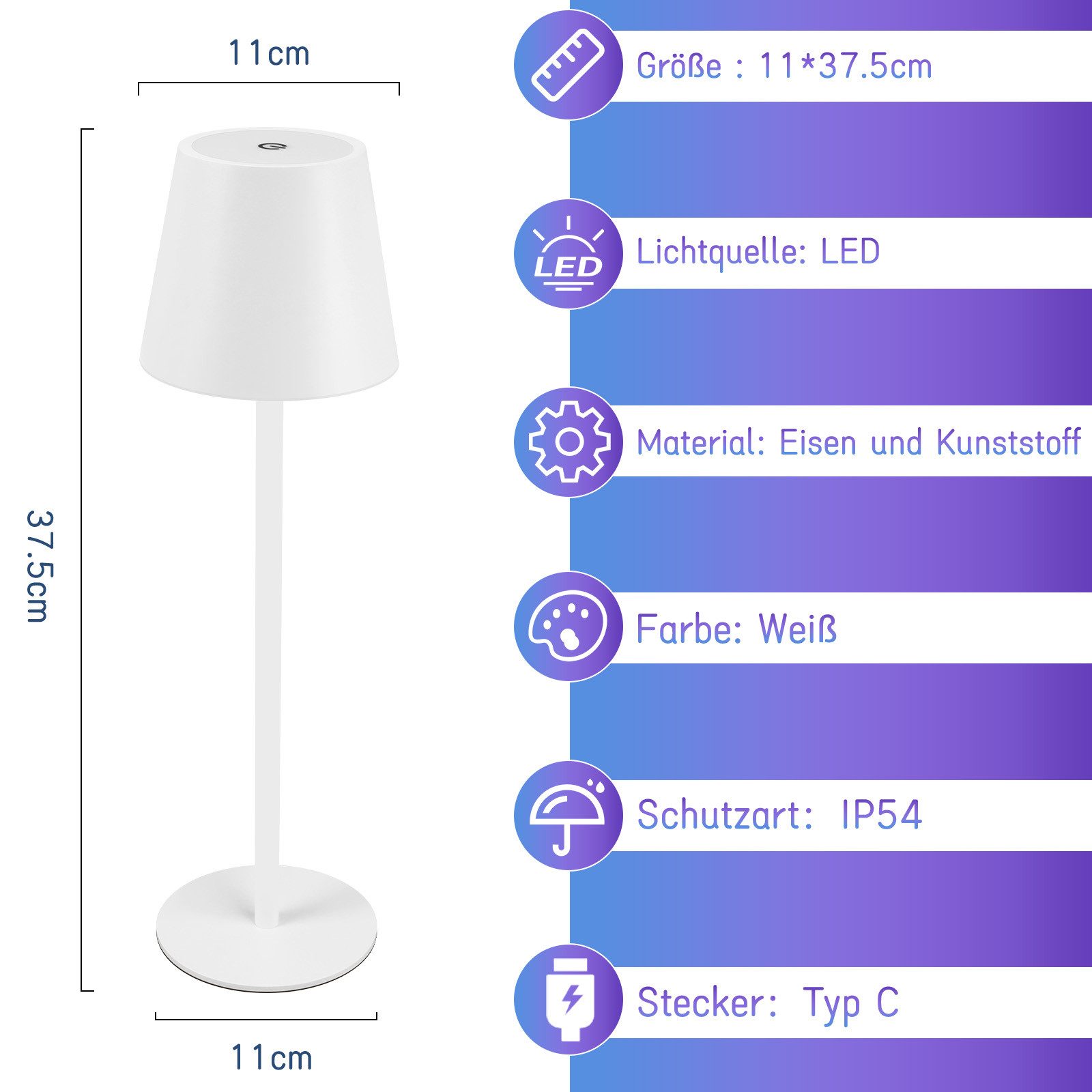 ZMH Tischleuchte USB Kabellos Dimmbar RGB Whonzimmer Bettlampe für Schreibtisch, Geeigenet für Außenbereiche, LED fest integriert, RGB, LED 3 Farben + 6 RGB Farben ‎Farbwechsel, Metall Aufladbar