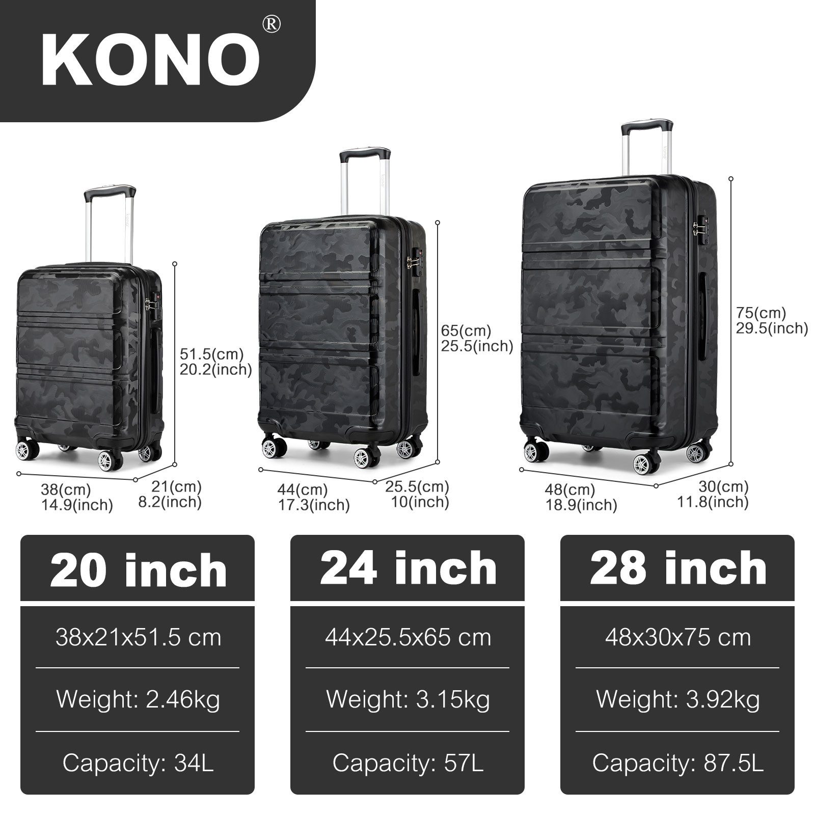 KONO Trolleyset 4 Rollen, (3 tlg), 3 Koffer, 360° Rollen, robuste Hartschale, (3 tlg)