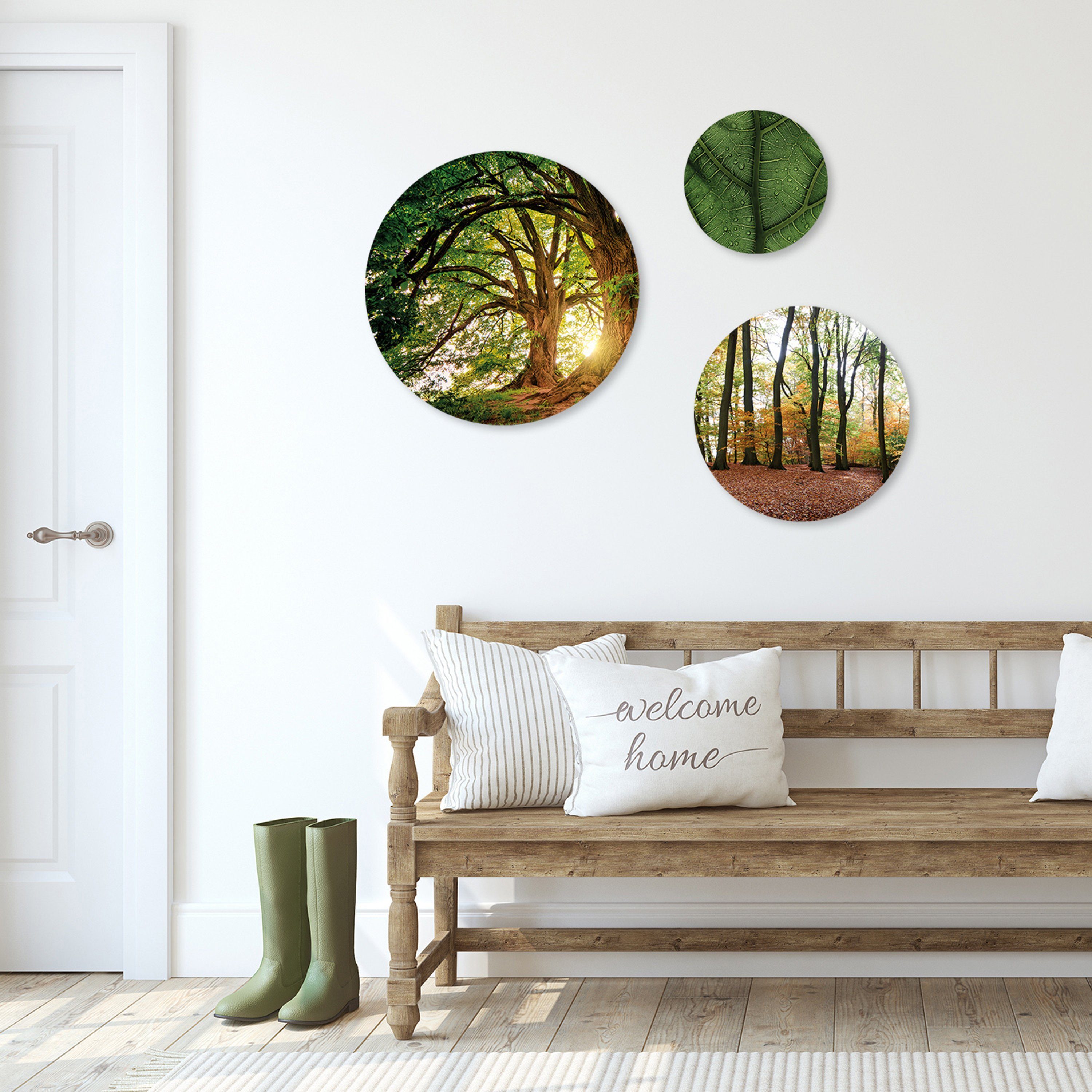 3 artissimo grün Landschaft: Blätter mehrteiliges und und Wandbilder Bäume, Bilder Wald Bilder-Set Wandkreise rund Bäume Mehrteilige
