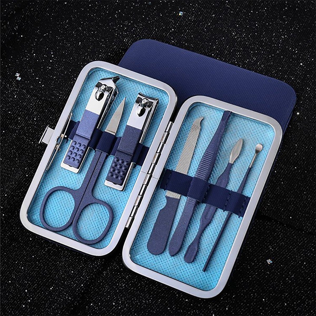 TPFBeauty Maniküre-Pediküre-Set mit Etui, 7-tlg., Nagelschere, Nagelknipser, Pinzette uvm. Nagel Set, Edelstahl Maniküre Set Pediküre Set in Aufbewahrungs-Etui - Blau
