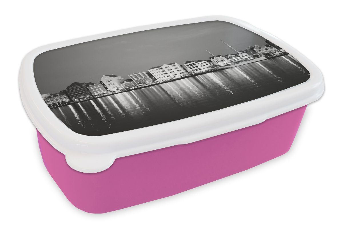 MuchoWow Lunchbox Curaçao - Willemstad - Schwarz - Weiß, Kunststoff, (2-tlg), Brotbox für Erwachsene, Brotdose Kinder, Snackbox, Mädchen, Kunststoff rosa