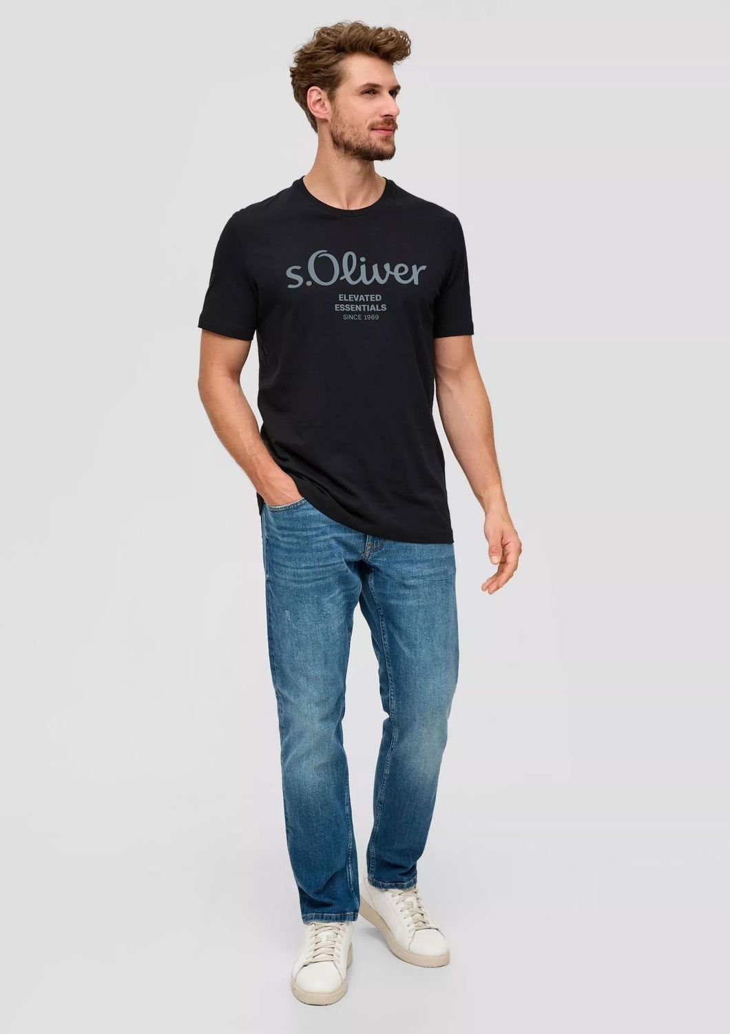 Schwarz s.Oliver T-Shirt Rundhals-Ausschnitt, mit (2-tlg) Pack kurzarm, im 2er Logo-Aufdruck