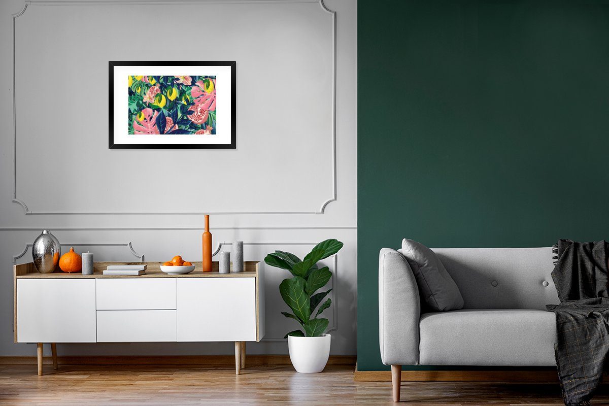 MuchoWow Poster Kunstdruck, Früchte Gerahmtes Bilderrahmen - Rahmen, mit Blumen Poster, Farben, Schwarzem - (1 St)