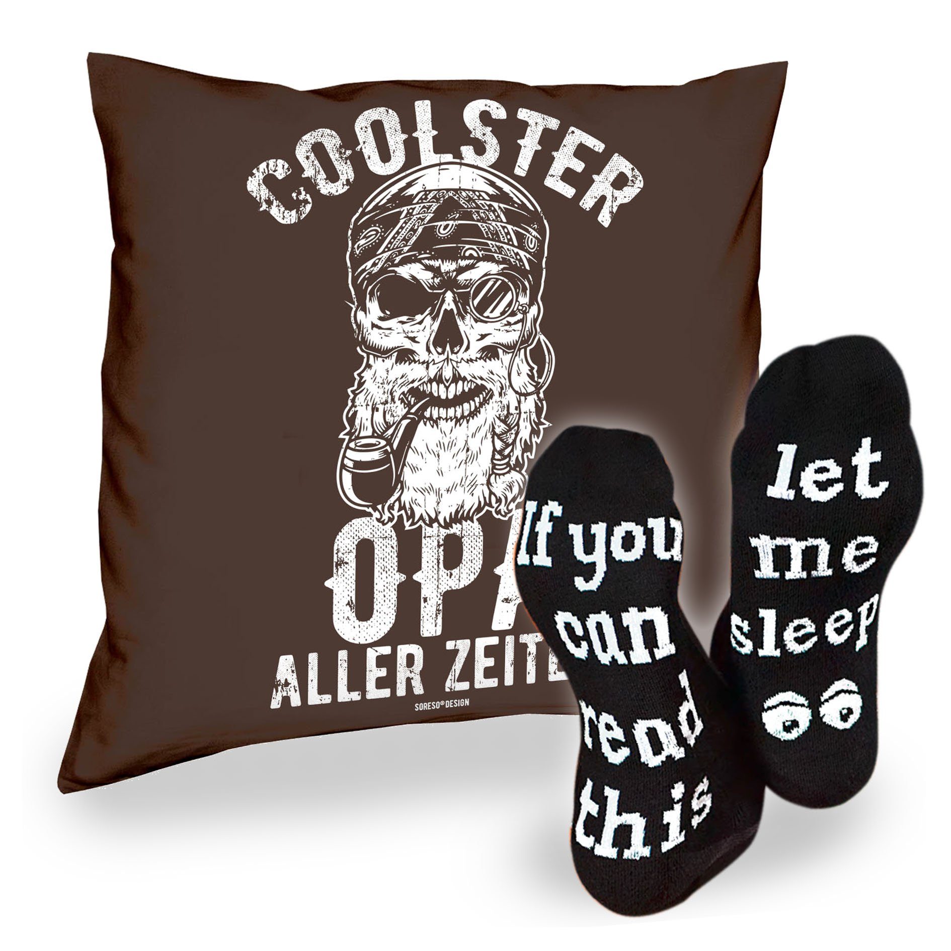 Soreso® Dekokissen Kissen Coolster Opa aller Zeiten & Sprüche Socken Sleep, Geschenke Weihnachten Geburtstag Vatertag braun