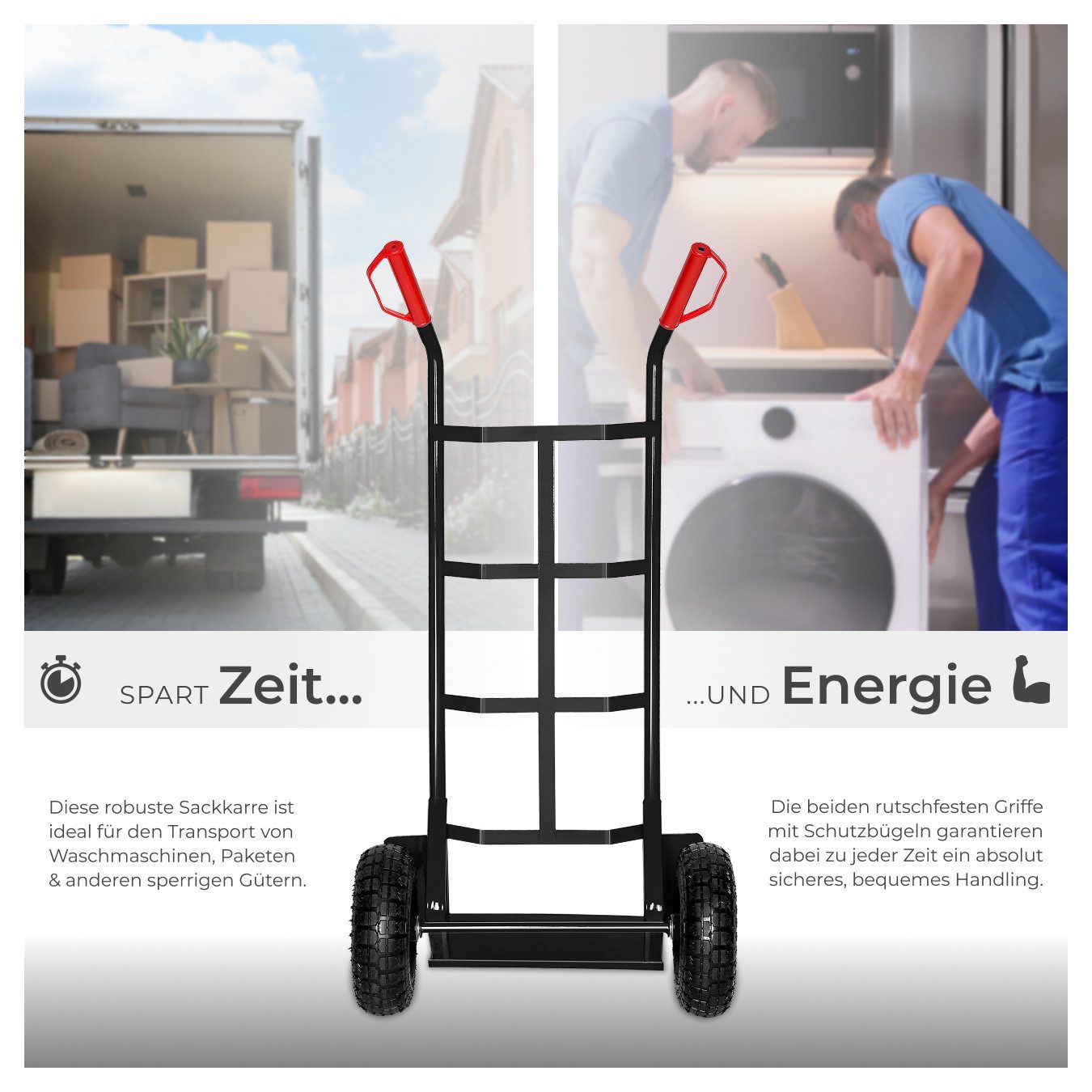 tectake Sackkarre Transportroller mit Stahlrahmen und Luftbereifung, 200 kg belastbar, (Rollwagen, in schwarz), mit Ladeschaufel samt Radschutz, Sicherheitsgriffe aus Kunststoff