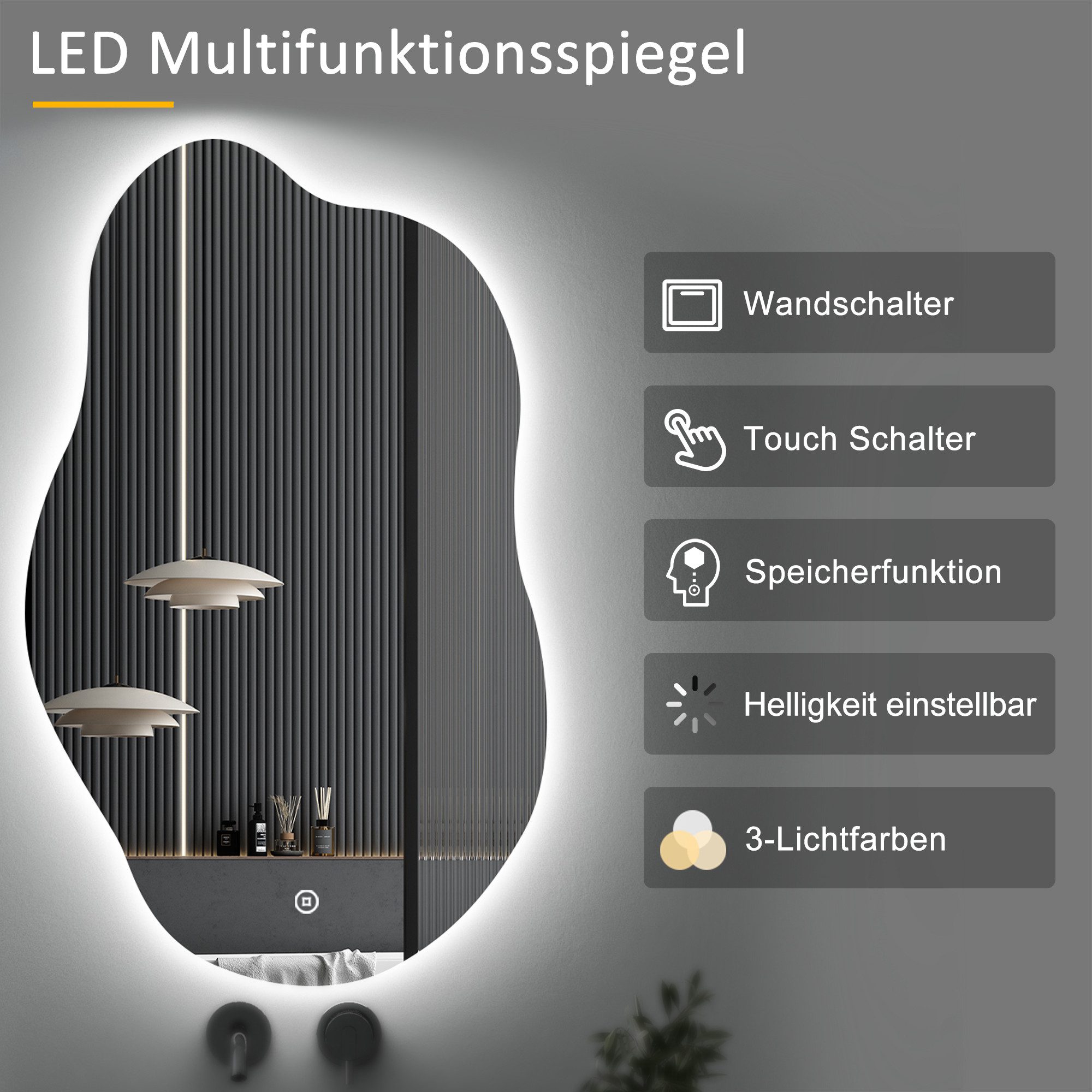 WDWRITTI Wandspiegel mit beleuchtung Badspiegel LED Touch Modern Dreifarbiges Dimmbar (LED Spiegel Bad Schminkspiegel Dekospiegel, Wolke, Wassertropfen, Stein), LED Multifunktionspiegel, Asymmetrisch Spiegel