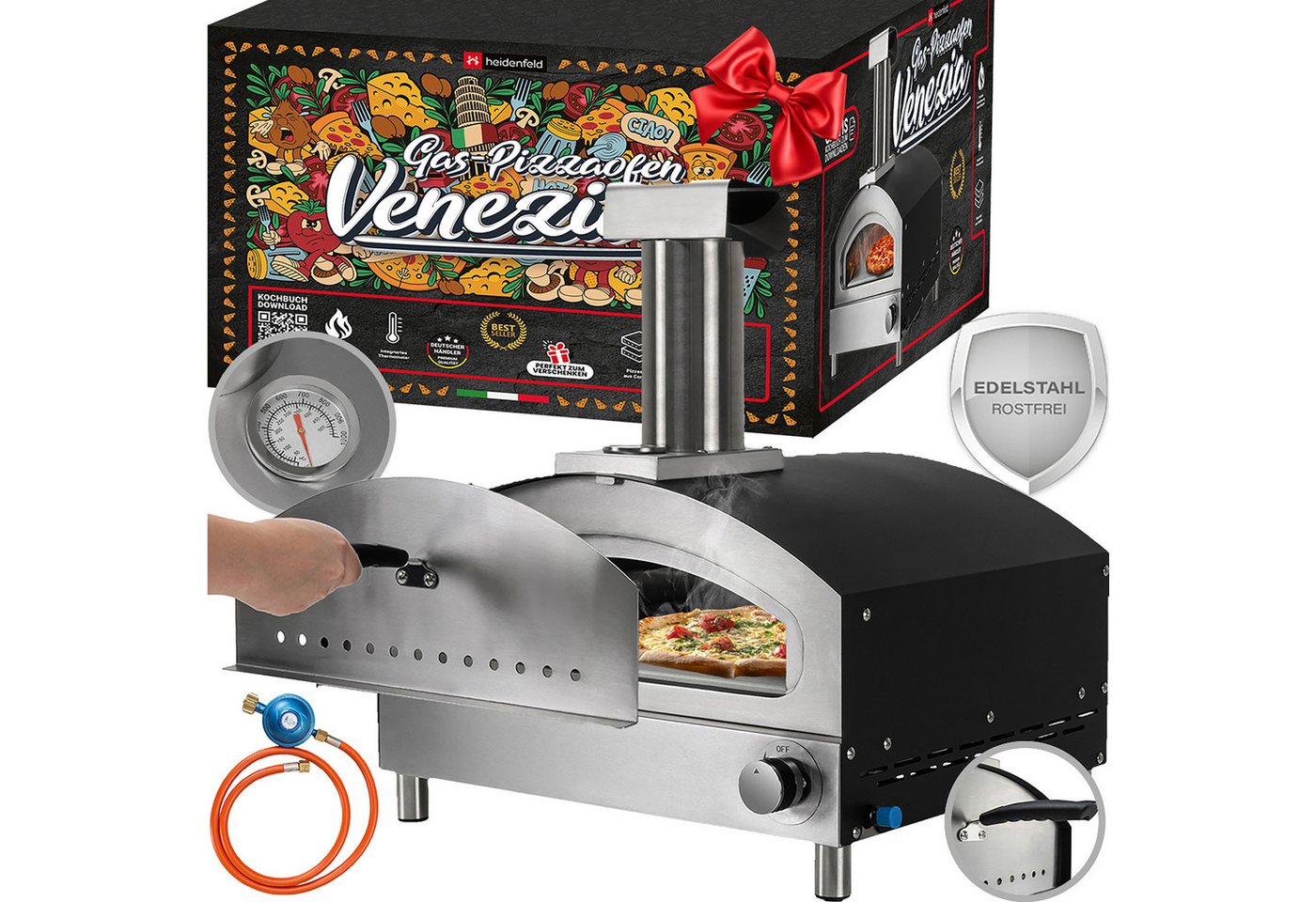 Heidenfeld Gas-Pizzaofen Gas Pizzaofen Venezia inkl. Pizzastein, Gasofen bis 500°C, Gas-Pizzaofen-Set, Gas-Pizzaofen, Outdoor-Pizzaofen, …