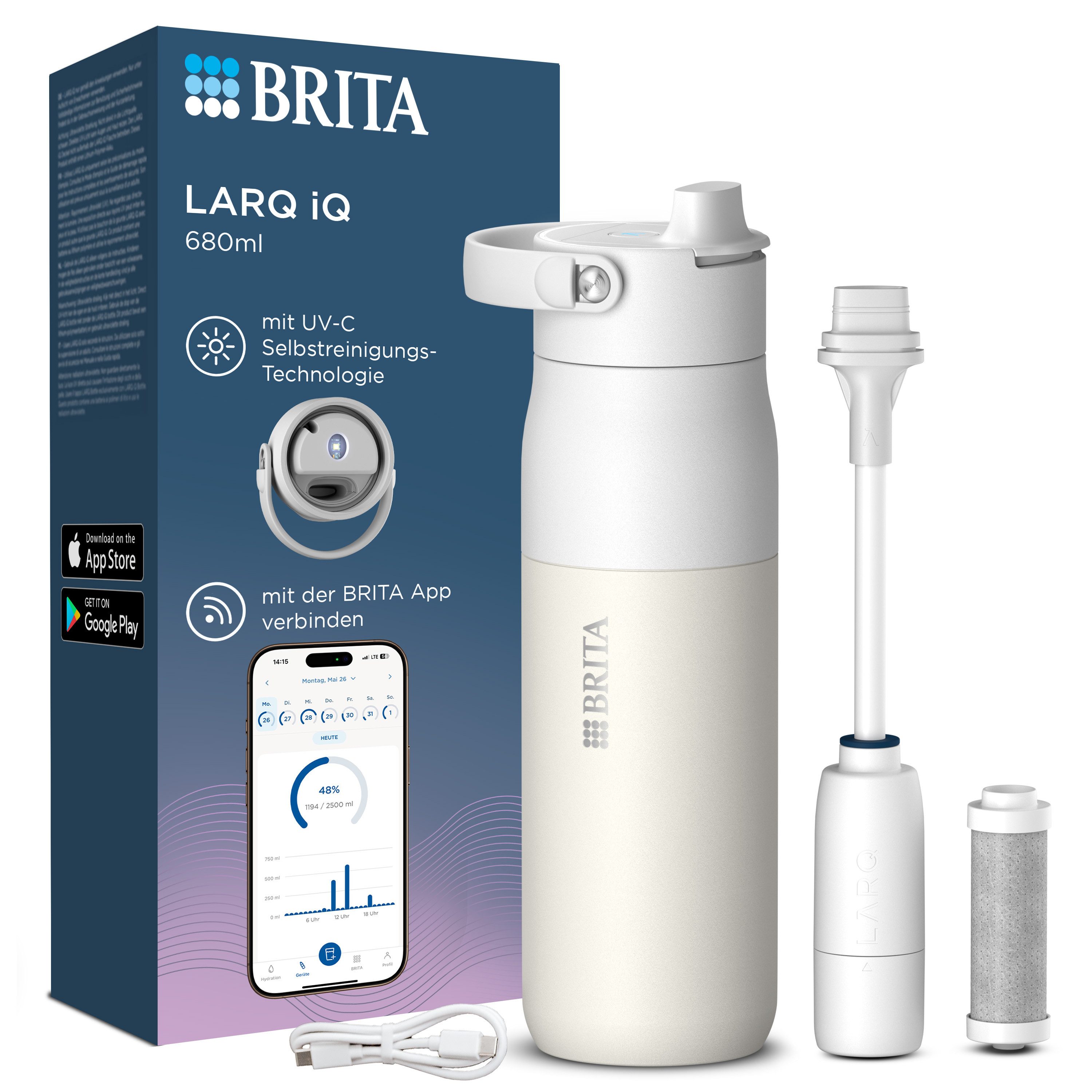 BRITA Trinkflasche BRITA LARQ iQ Digitale Filter Trinkflasche (680 ml), inkl. Hydration Tracking (App), Aktivkohle Wasserfilter & UV-C