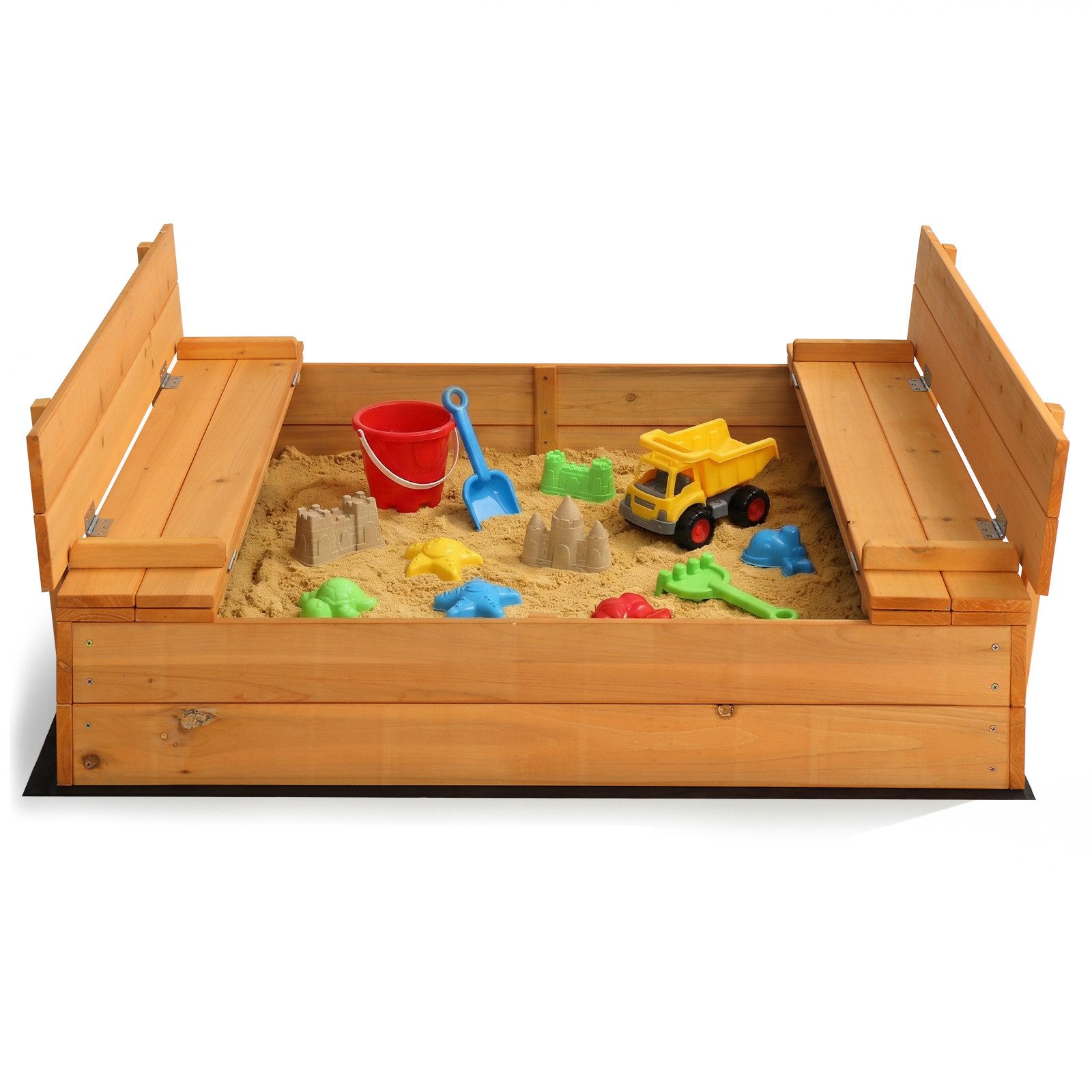 LALAHO Sandkasten mit Abdeckung Sandkasten Holz 110x110 cm , mit Sitzbänken, Braun Holzsandkasten Sandbox mit Deckel