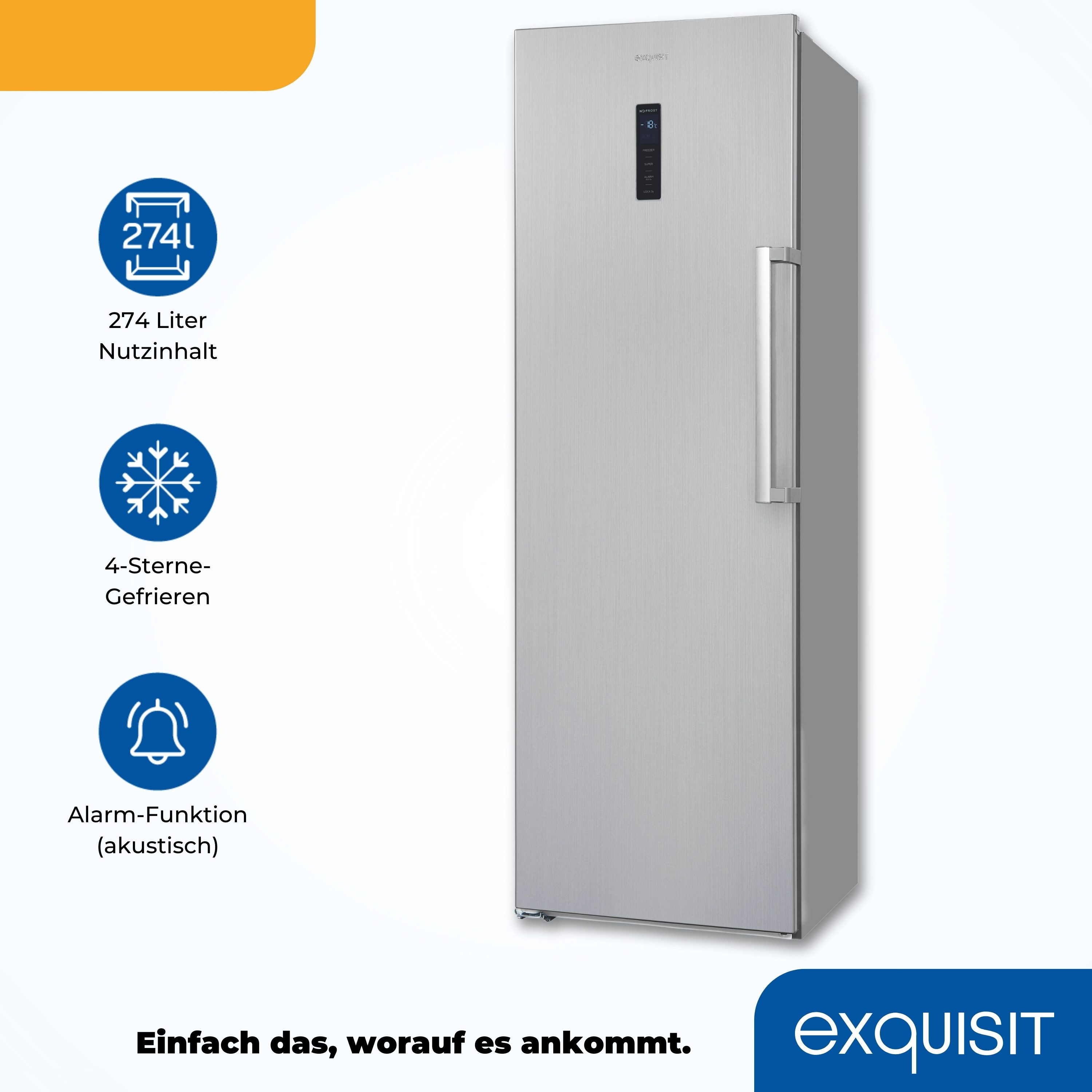 exquisit Gefrierschrank NoFrost GS295-NF-H-040D, 185 cm hoch, 60 cm breit, 4*-Gefrierschrank NoFrost mit LED-Anzeige&Ice-Maker für schnelles Eis – Bild 4 von 5