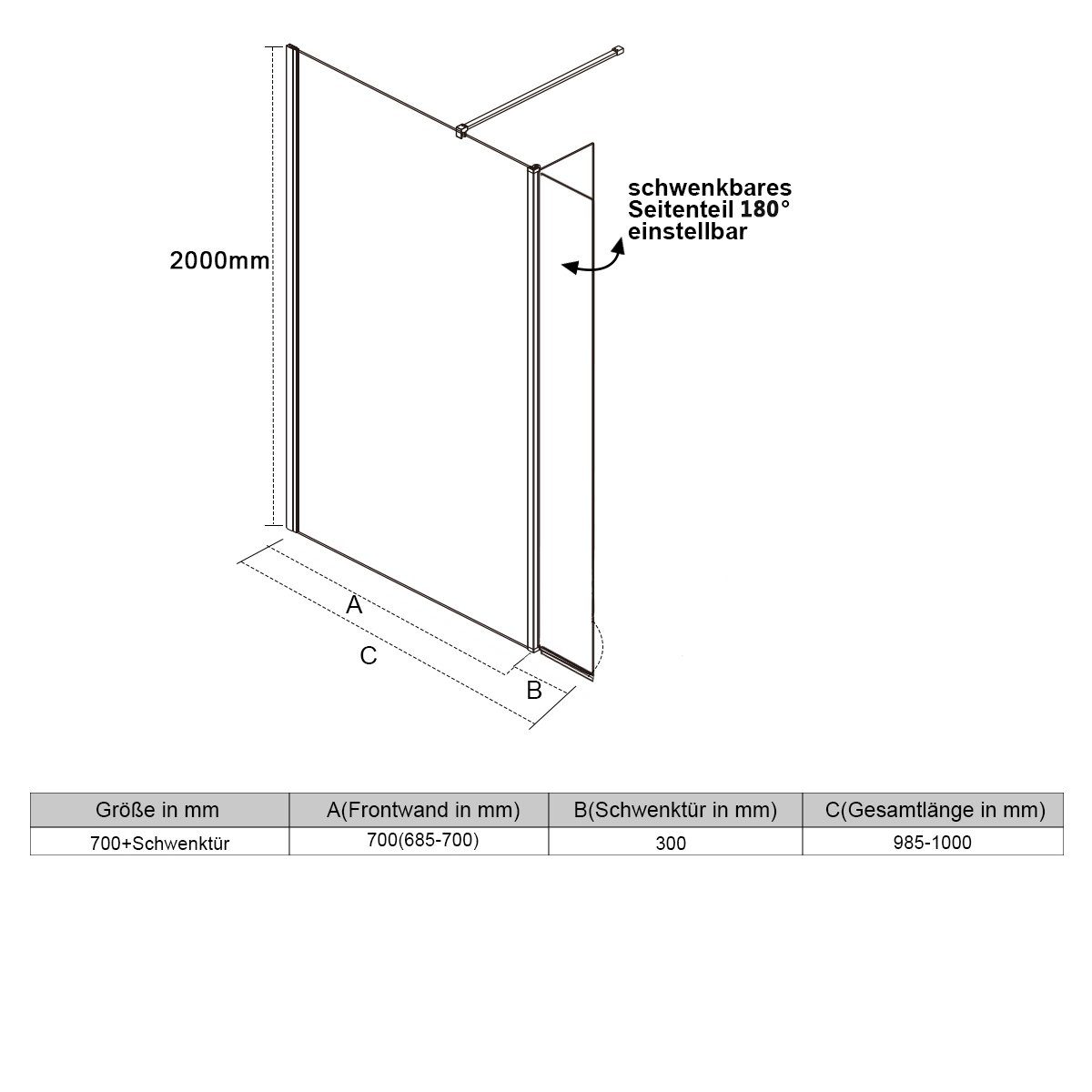 SONNI Walk-in-Dusche Walk in Dusche mit 30cm schwenkbare Seitenwand, Nano(ESG), 8mm Einscheibensicherheitsglas mit Nano Beschichtung, 8mm Glas Duschwand Walk in Duschwand Duschabtrennung, 70cm-120cm