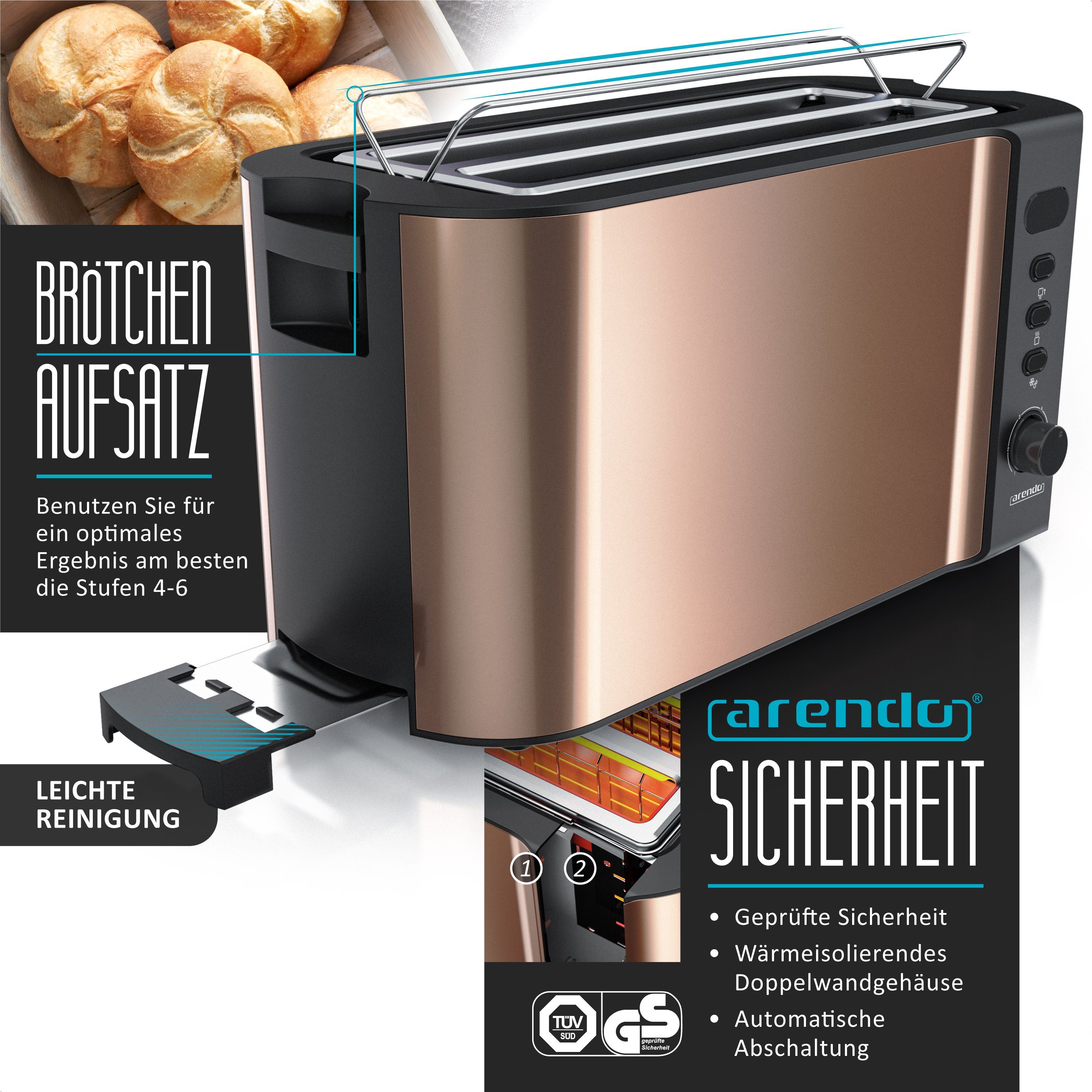 Arendo Frühstücks-Set Edelstahl Wasserkocher 1,5l, 4-Scheiben Langschlitz Toaster, Kupfer (2-tlg), BPA-frei, GS-geprüfte Sicherheit, perfekt fürs Familienfrühst – Bild 4 von 5