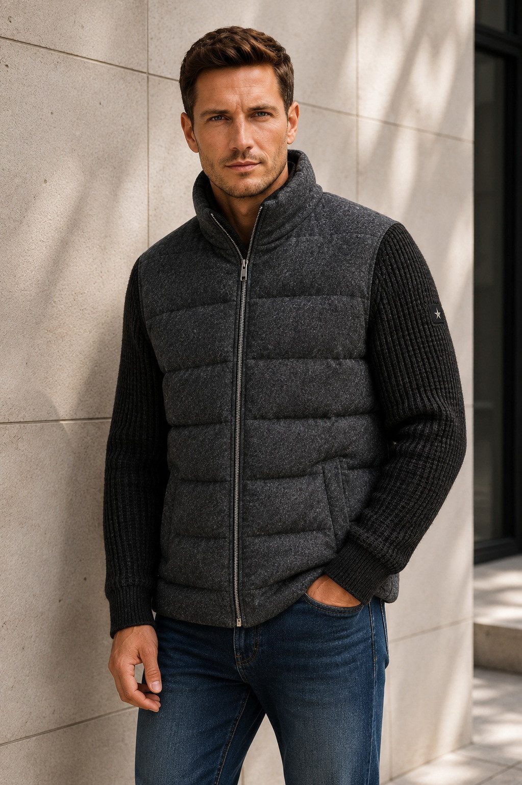MILESTONE Hybridjacke MSChester Steppjacke mit Strickelementen in Jersey Qualität aus Wollmischung