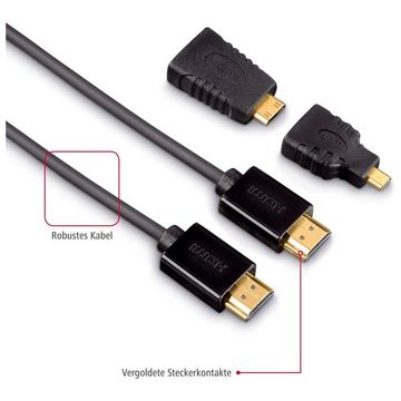 Hama 4K HDMI Highspeed Kabel 1,5 m + Adapter HDMI-Kabel, HDMI, HDMI Typ C (Mini), HDMI Typ D (Micro), (150.00 cm), Mit Mini-HDMI- und Micro-HDMI-Adapter