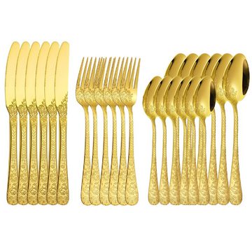 KEENZO Besteck-Set 24 teilig Edelstahl Gold Essbesteck Set florale Muster Griff (24-tlg), 6 Personen, Edelstahl