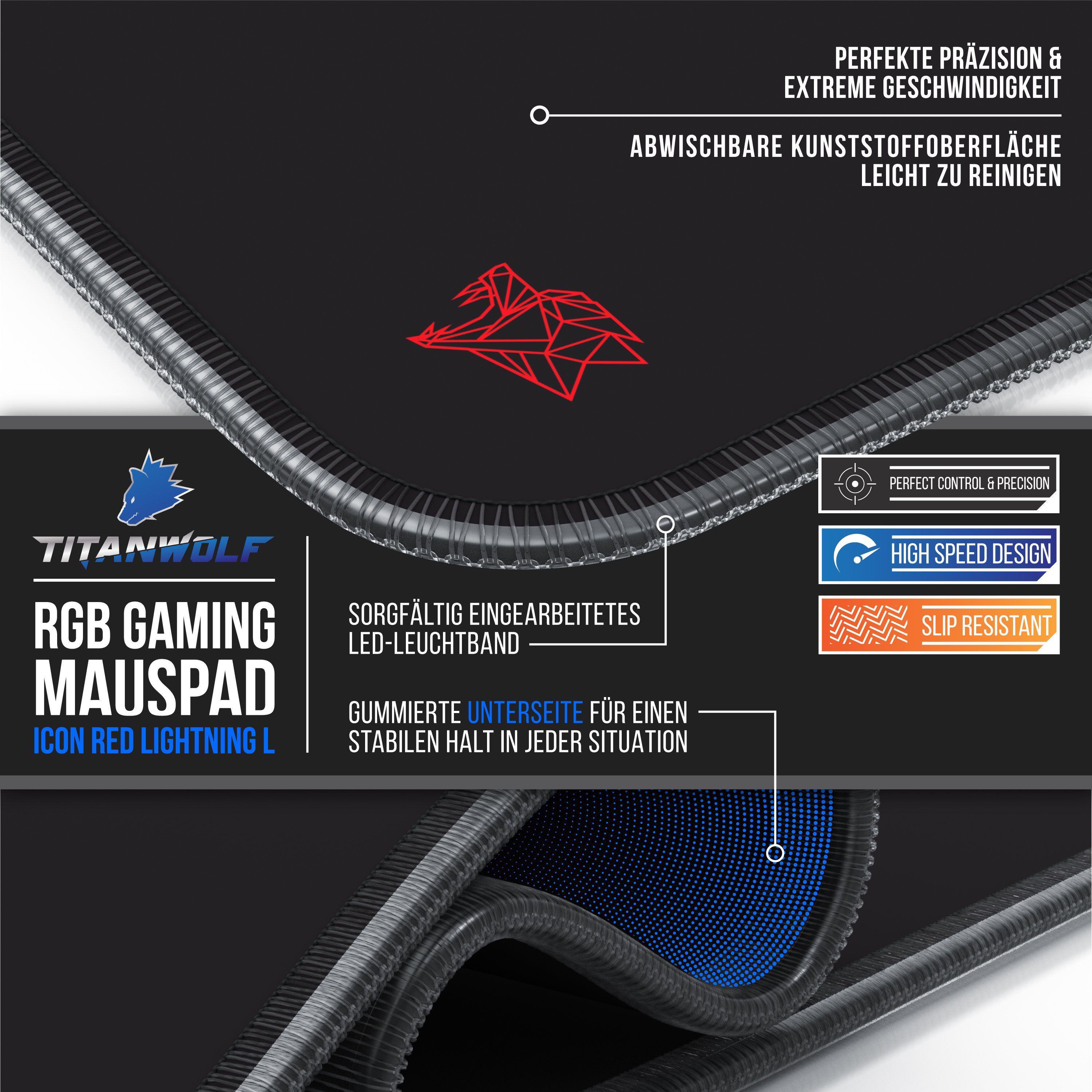 Titanwolf Gaming Mauspad RGB Mousepad 900 x 400 x 3 mm, LED, XXL Schreibtischunterlage (1-St), rutschfest, abwaschbar, Geschwindigkeit & Präzision, Icon rot – Bild 3 von 5