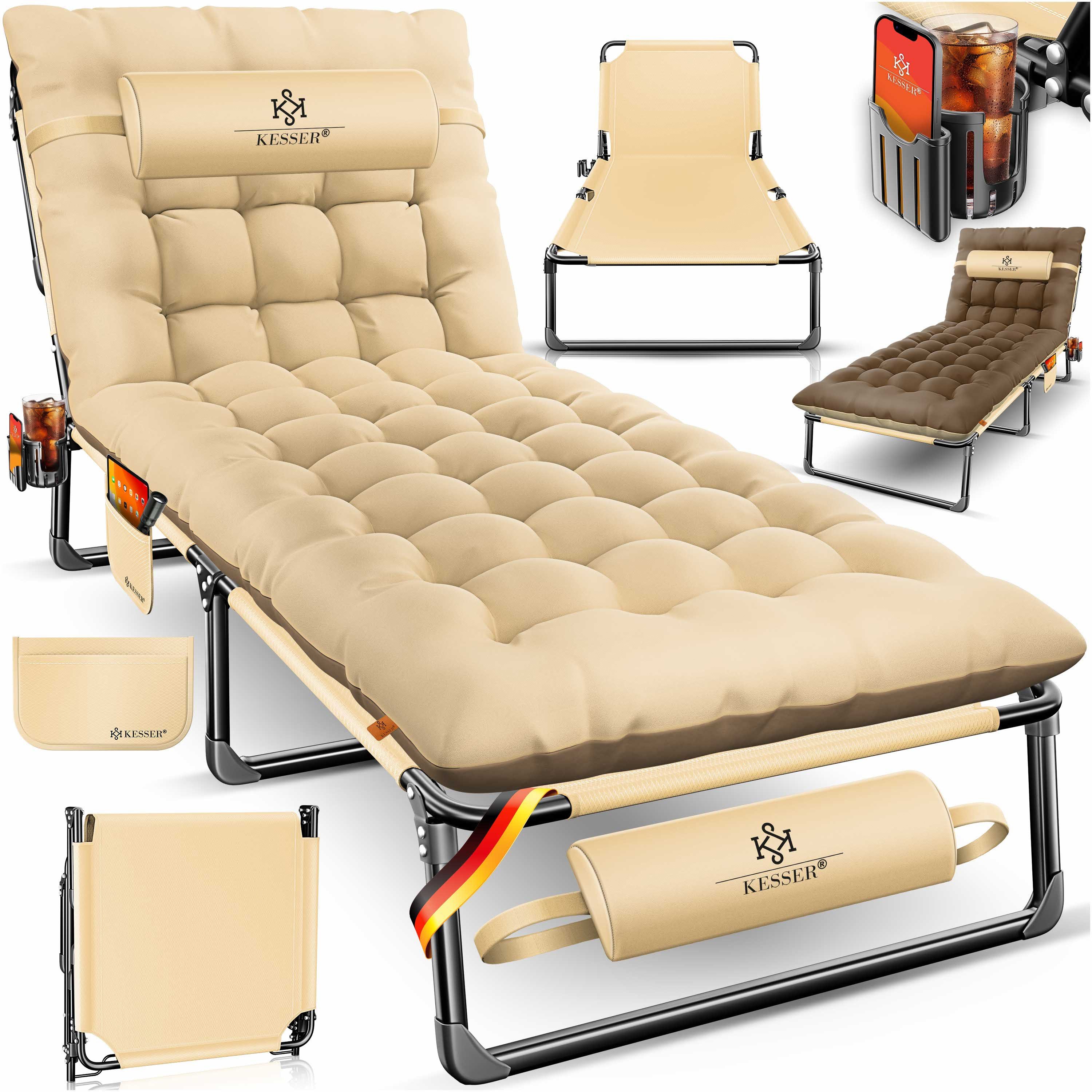 KESSER Campingliege Campingbett Campingliege Angelliege Karpfenliege klappbar (mit Tragetasche, Getränkehalter & Nackenkissen bis 250 kg belastbar) 190 x 68 x 30 cm strapazierfähiges Oxford-Gewebe stabiles Stahlgerüst