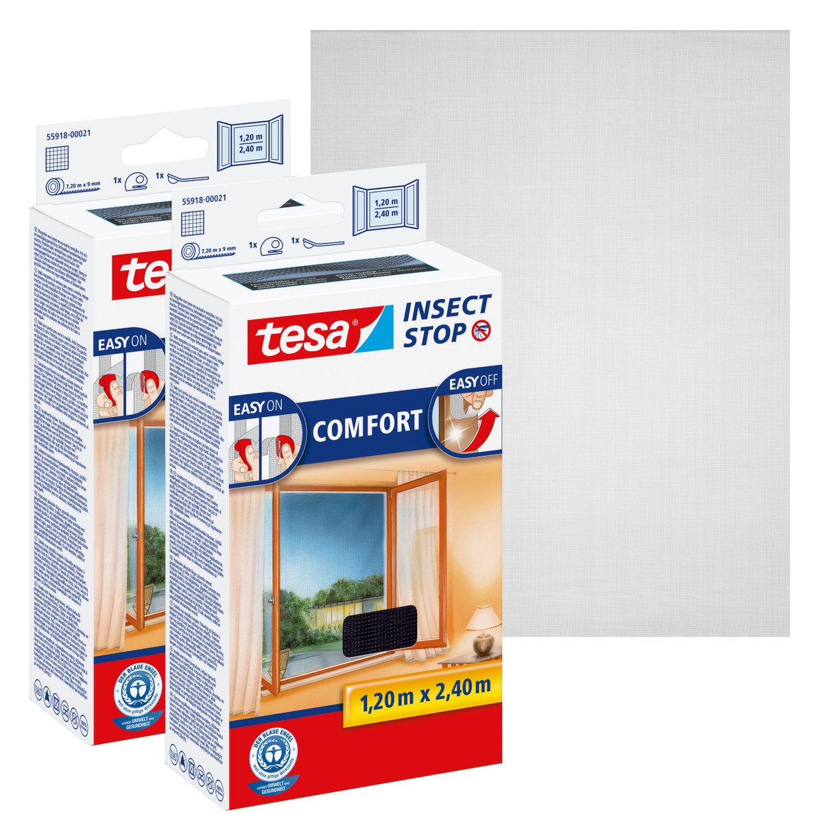 tesa Insektenschutz-Fensterrahmen Insect Stop Comfort Fliegengitter bodentiefe Fenster - 1.2m : 2.4m, (Packung, 2-St., Fliegennetz, Klettband, Andrück und Schneidehilfe), Insektenschutzgitter - ohne Bohren - zuschneidbar
