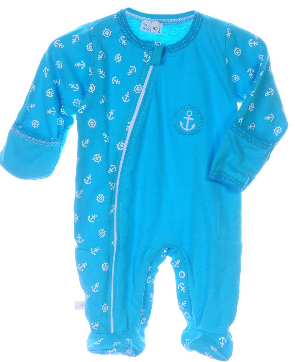 La Bortini Strampler Baby Overall Schlafanzug in Türkis mit Anker aus reiner Baumwolle, 44 50 56 62 68 74 80 86