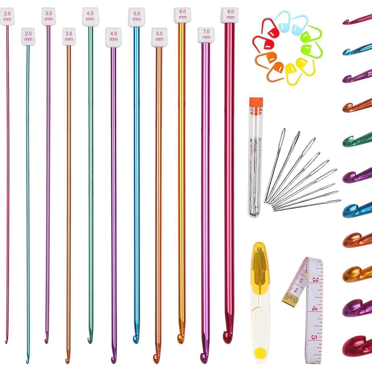 LuxusKollektion Häkelnadeln Tunesische Häkelnadeln Set mit Zubehör, Aluminium Lange Nadeln 2-8 mm, 11 St.