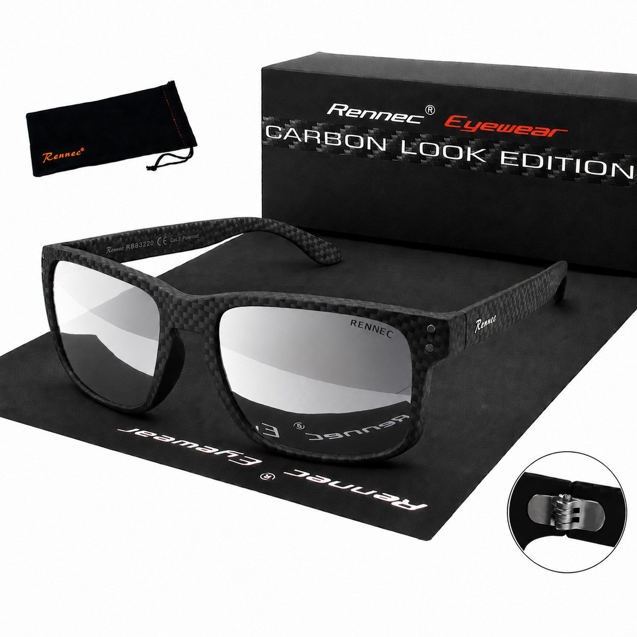 Rennec Sonnenbrille Herren Rechteckig Carbon Schwarz Design Silber Verspiegelt stabile Edelstahl Bügelgelenke, Markenschriftzug, UV400 Gläser