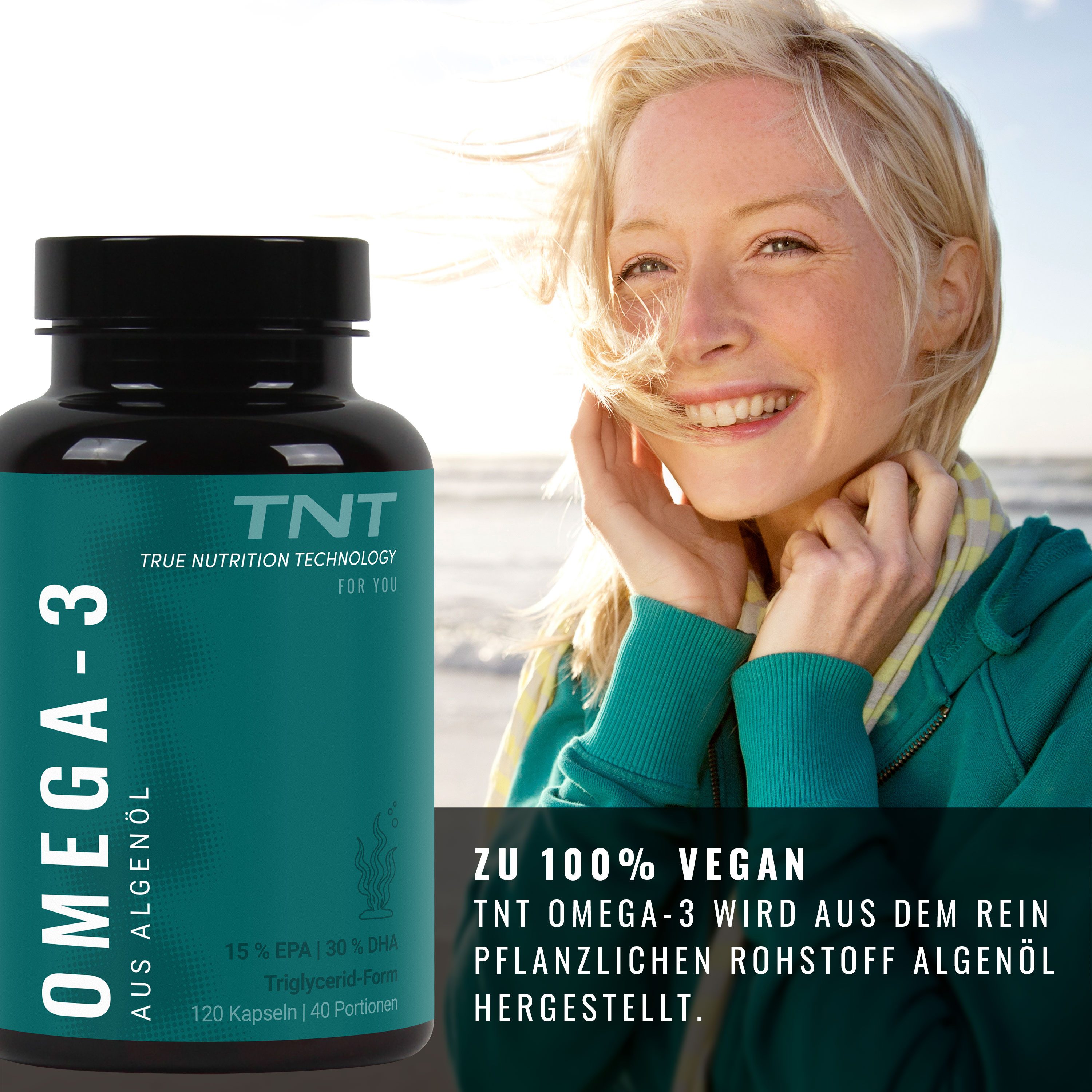 TNT (True Nutrition Technology) Omega-3 Kapseln aus Algenöl mit 300mg DHA + 150mg EPA Kapseln, 120 St., 164 g
