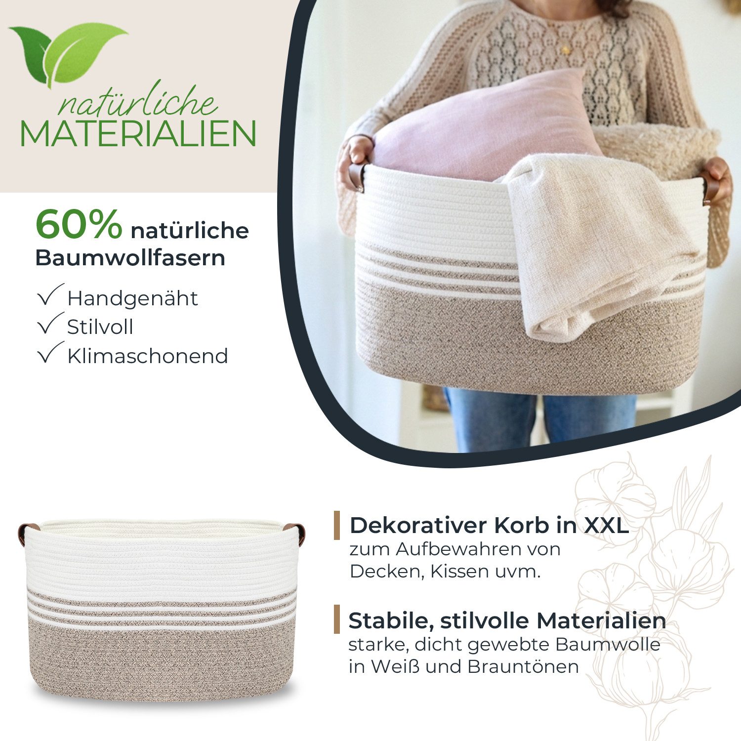 HMF Aufbewahrungskorb XXL Wäschekorb aus Baumwolle, 71 Liter, Aufbewahrungskorb mit Kunstledergriffen, 55 x 43 x 30 cm, Weiß-Braun