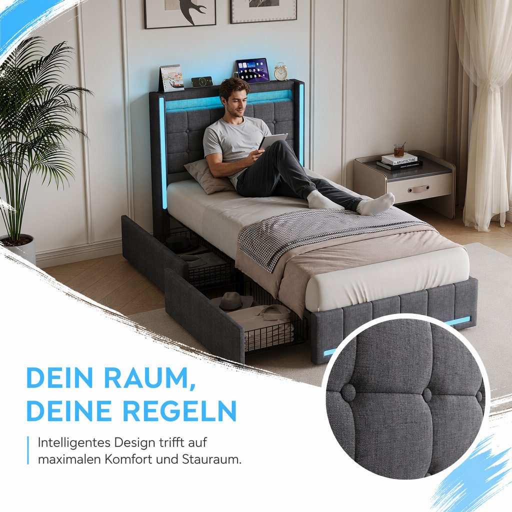 Simurq Einzelbett Polsterbett 90x200 mit Stauraum, Jugendbett, Gästebett, Mit Lattenrost, 2 Schubladen, USB Port & LED, Leinen