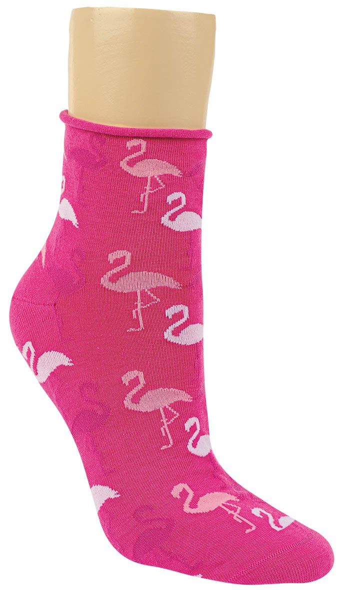 Baumwollsocken Paar) Harmony Ferse Motivsocken Strümpfe Kurzsocken Motiv Spitze Baumwolle Flamingo RS verstärkt und (6