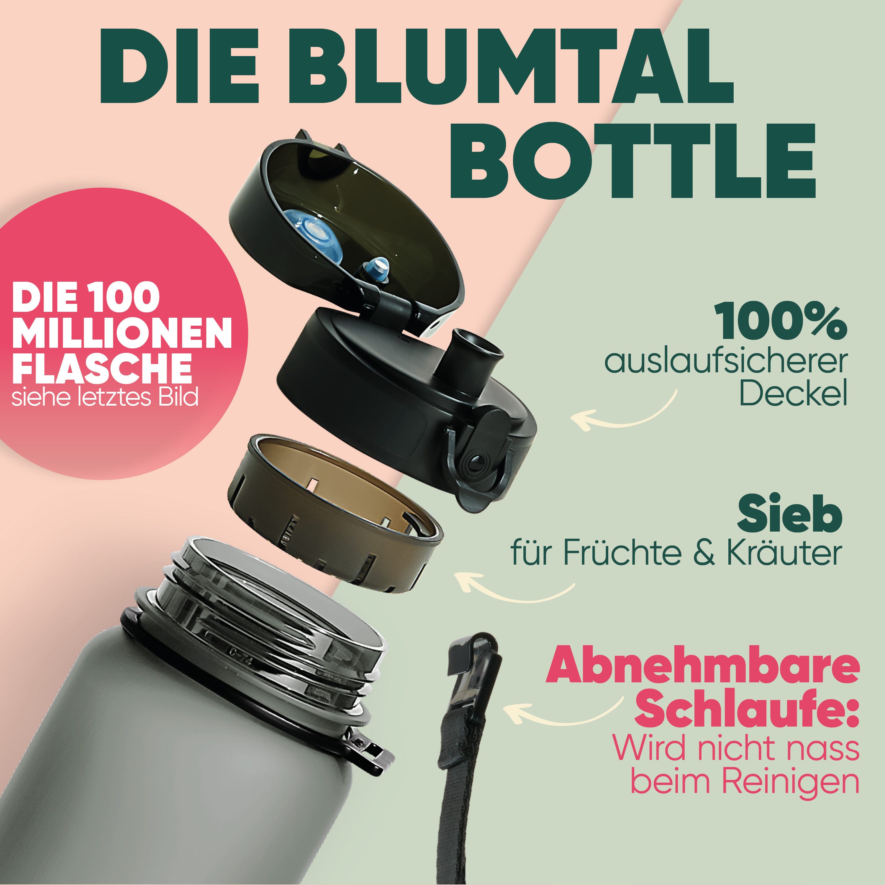 Blumtal Trinkflasche auslaufsichere Trinkflasche Sport + 1-Klick-Verschluss, BPA-freie Wasserflasche mit Sieb - spülmaschinenfest
