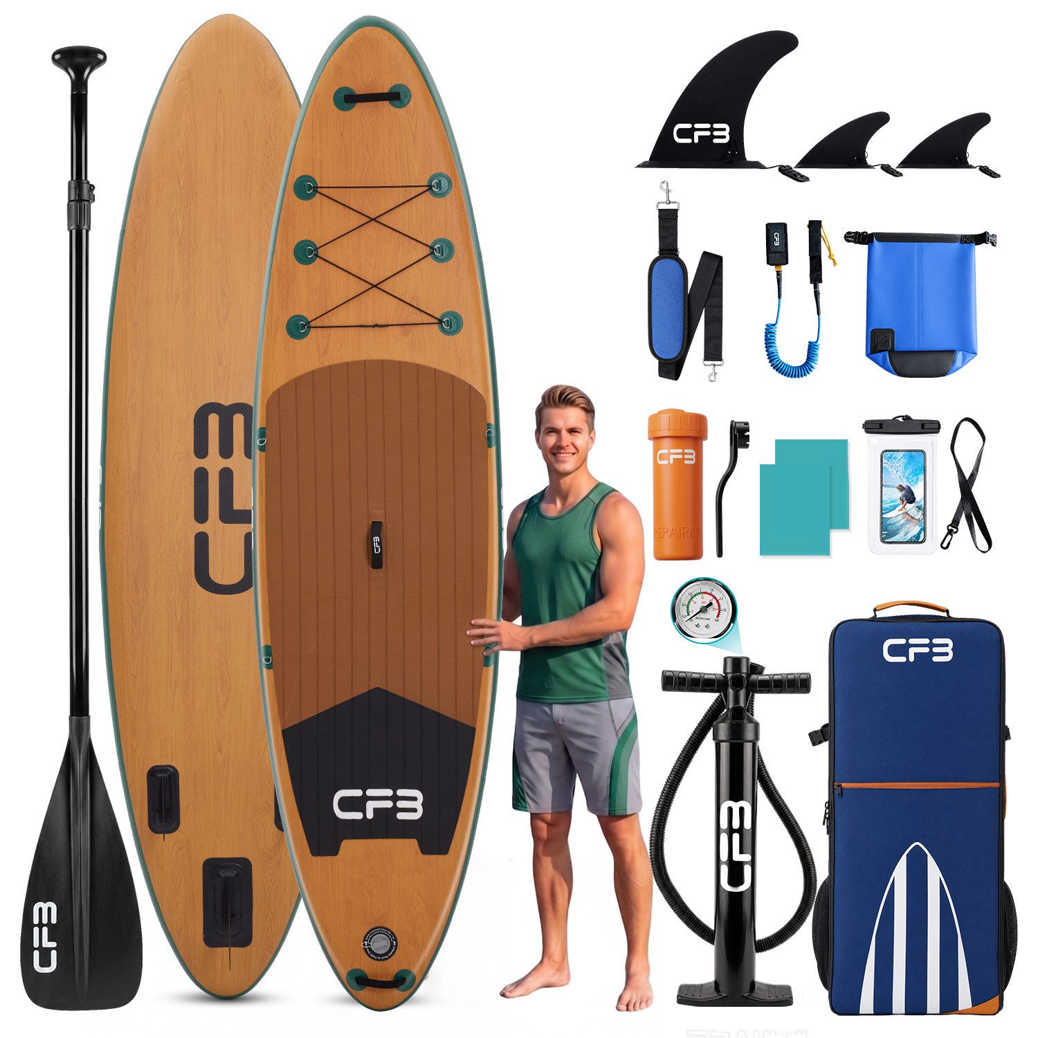 CFB SUP-Board Holzoptik 320x84x15 cm, Belastbarkeit 160 kg, Aufblasbares Stand Up Paddle Board, (extra breites iSUP Set, 12 tlg., mit Alu-Paddel, Pumpe, Rucksack, Dry Bag, Leash und Schultergurt), für Anfänger, Erwachsene und Freizeitpaddler