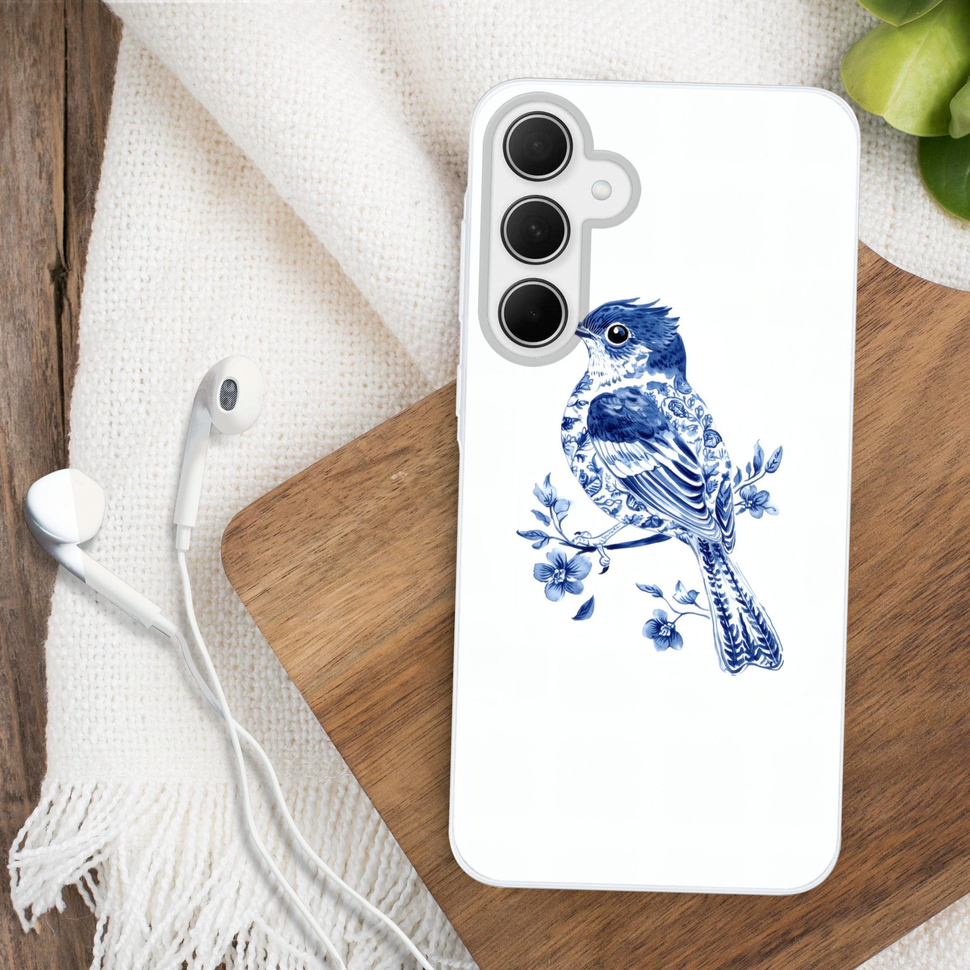 MuchoWow Handyhülle für Samsung Galaxy A35 5G Vogel - Delfter Blau - Illustration - Blumen, Smartphone-Bumper, Print, Handy Schutzhülle Dünn