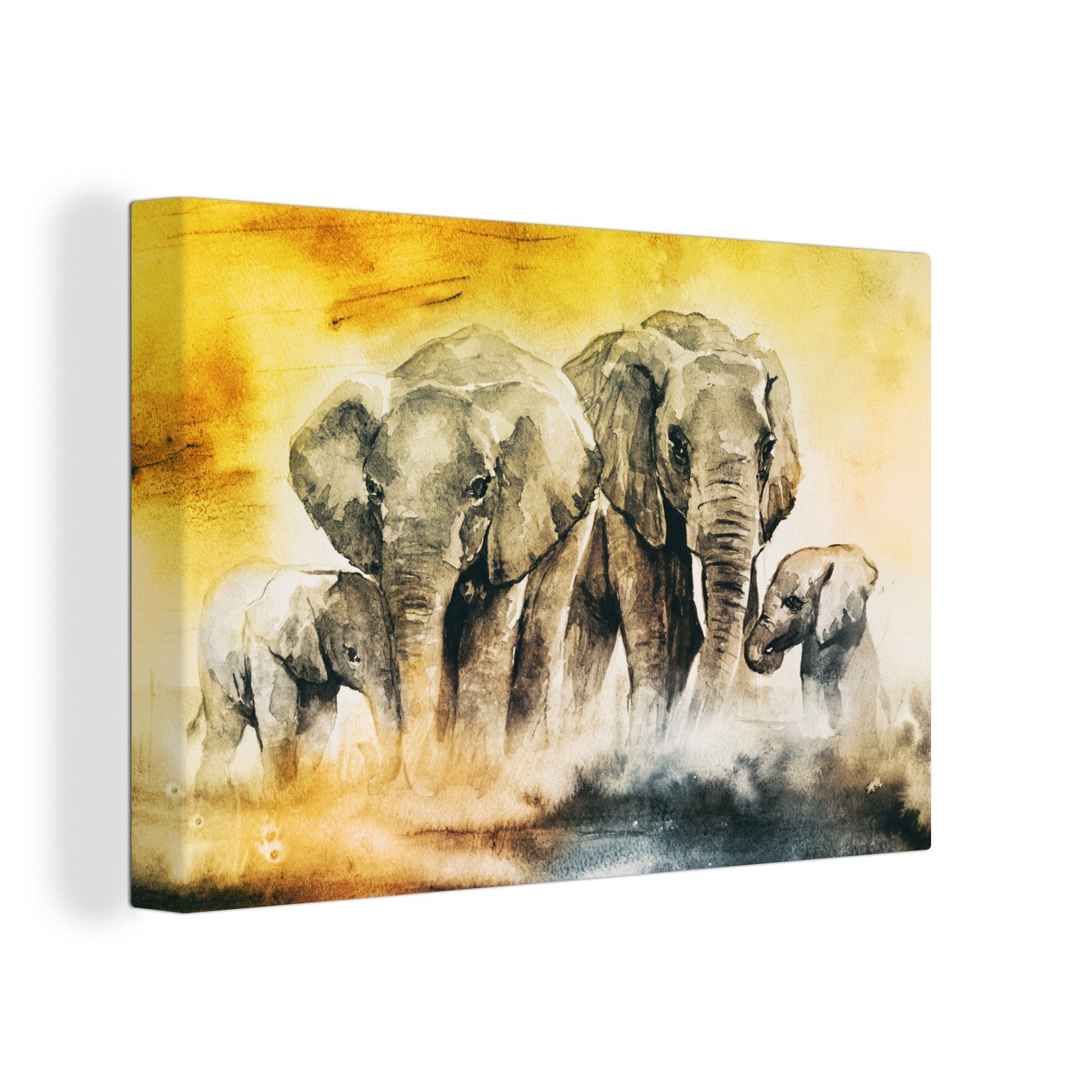 OneMillionCanvasses® Leinwandbild Elefant - Aquarellfarbe - Familie, (1 St), Wandbild Leinwandbilder, Aufhängefertig, Wanddeko, 30x20 cm
