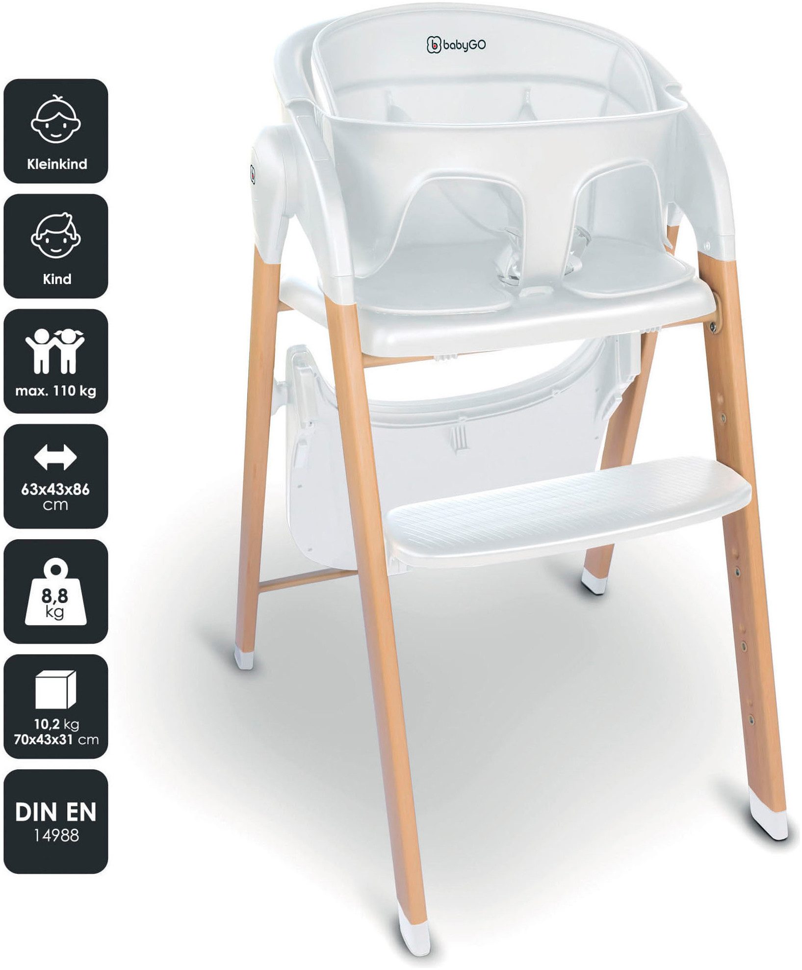 BabyGo Kombihochstuhl Levels, white wood optic, platzsparend zusammenklappbar