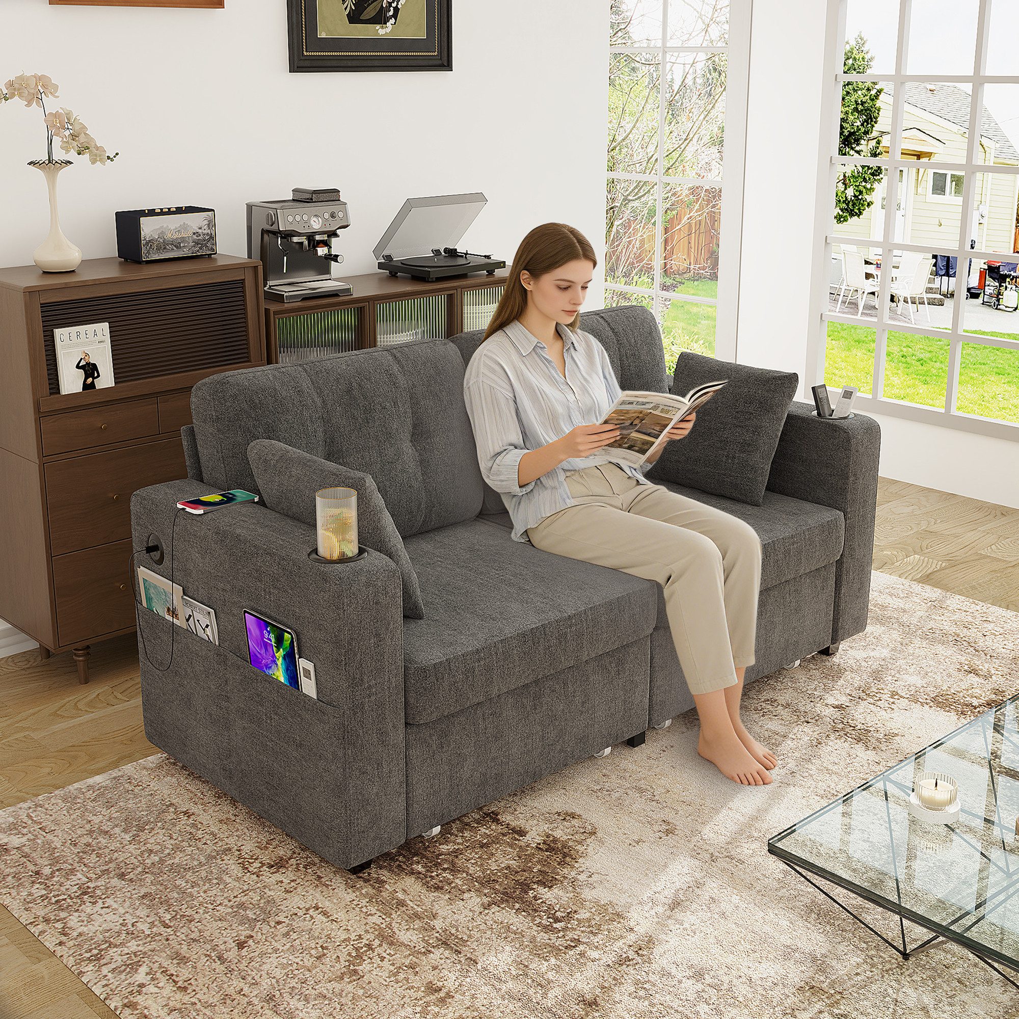 Odikalo 2-Sitzer sofas wohnzimmer mit zwei Stauraum USB Und Getränkehalter, mit Seitentaschen und versteckten Staufachern. Geeignet fur Wohnzimmer, Wohnungen und Leseecken