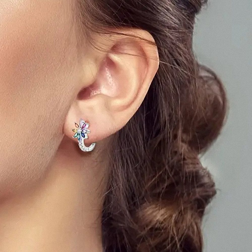 Taffstyle Paar Creolen 925 Sterling Silber Ohrringe Damen Creolen Blume Zikonia Kristall bunt (Hübsche Creolen aus 925 Silber - Geschenkidee für Weihnachten, Ge – Bild 3 von 5