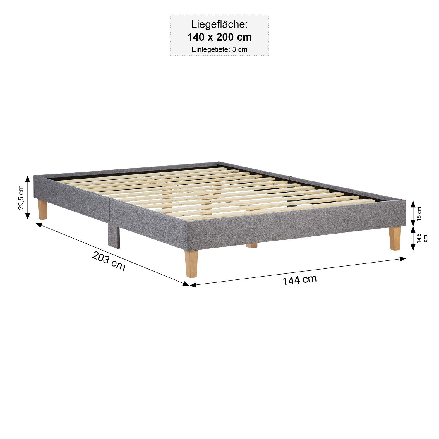 Homestyle4u Polsterbett 140x200 Doppelbett Futonbett Holzbett Grau Bettgestell Holzfüße (Komplett-Set mit Lattenrost, Matratze mit OEKO-TEX® Standard 100), Holzbeine