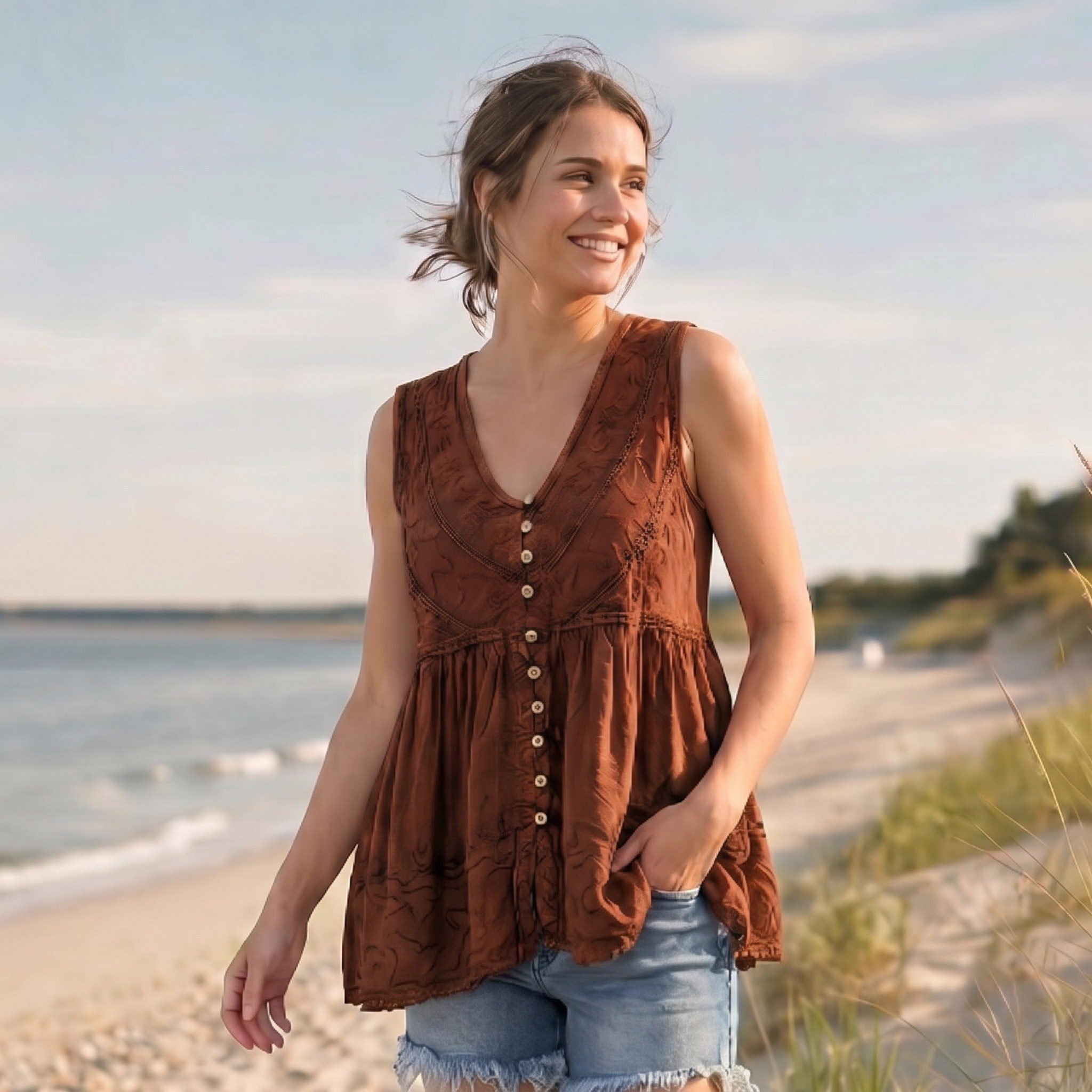 Guru-Shop T-Shirt Top Boho chic, besticktes Top - braun Festival, Ethno Style, alternative Bekleidung – Bild 2 von 5